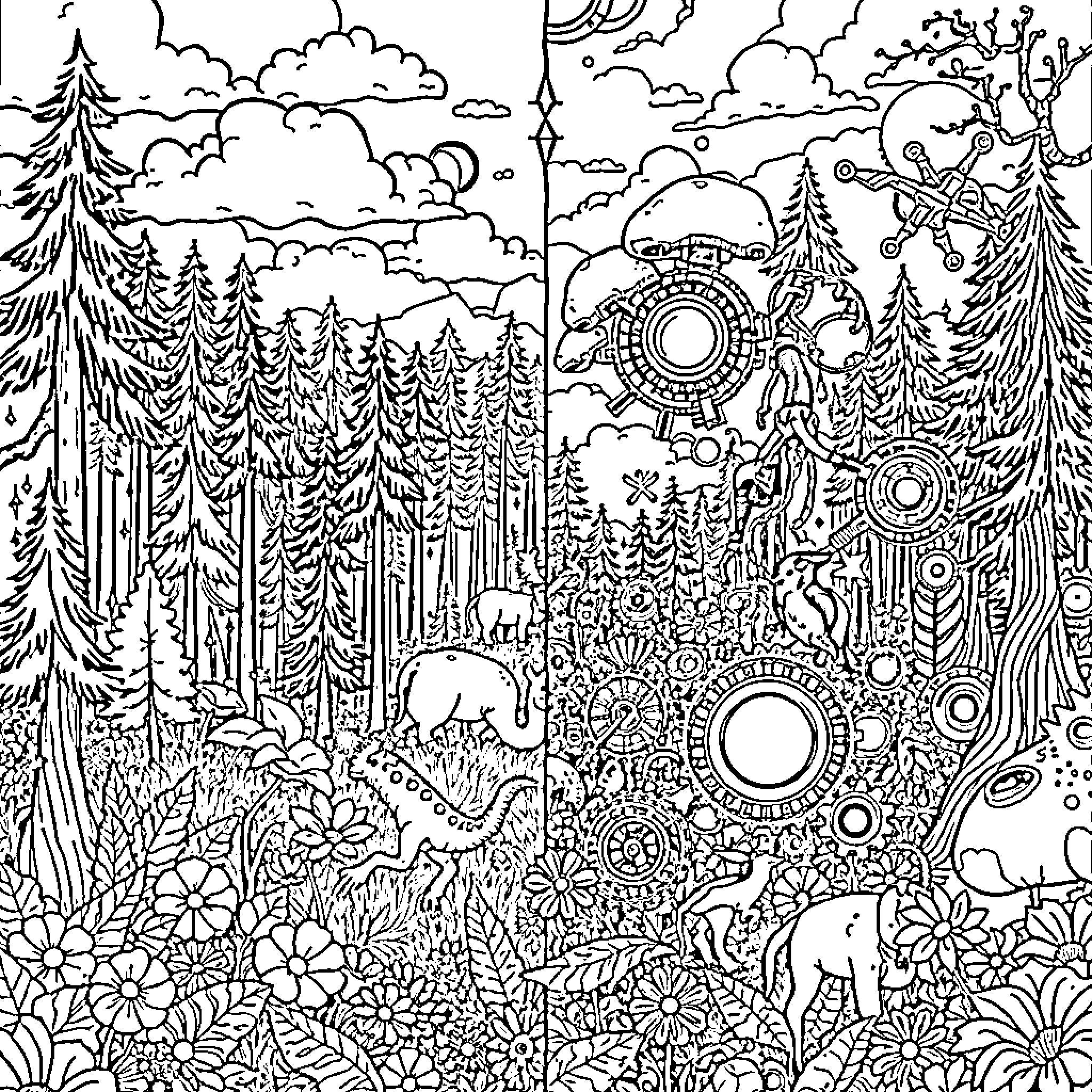 Forest Teeming with Fantastical Creatures and Vibrant Vegetation Coloring Page (free black-and-white line drawing printable PDF for all, from beginners to advanced learners, including children, teens, adults, and seniors)