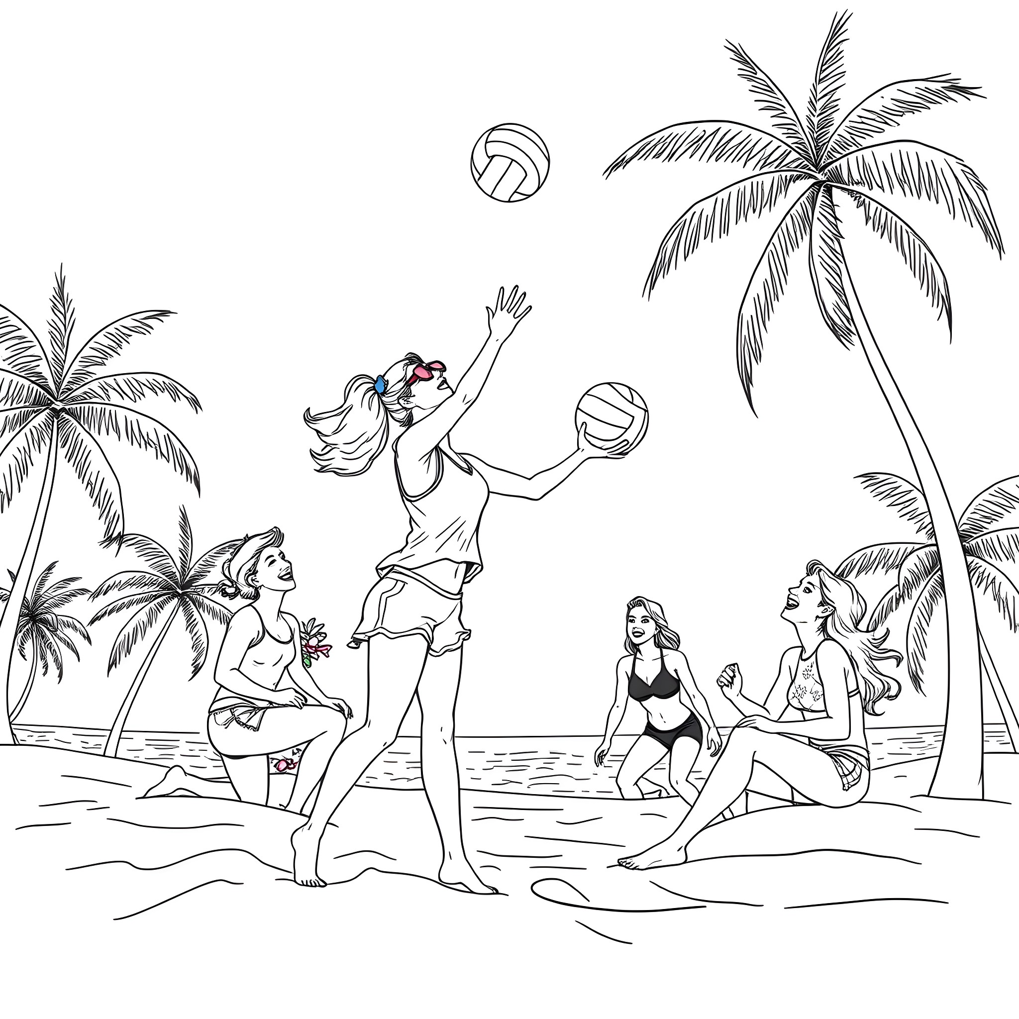Hero beach volleyball players in action under palm trees Coloring Page (free black-and-white line drawing printable PDF for all, from beginners to advanced learners, including children, teens, adults, and seniors)