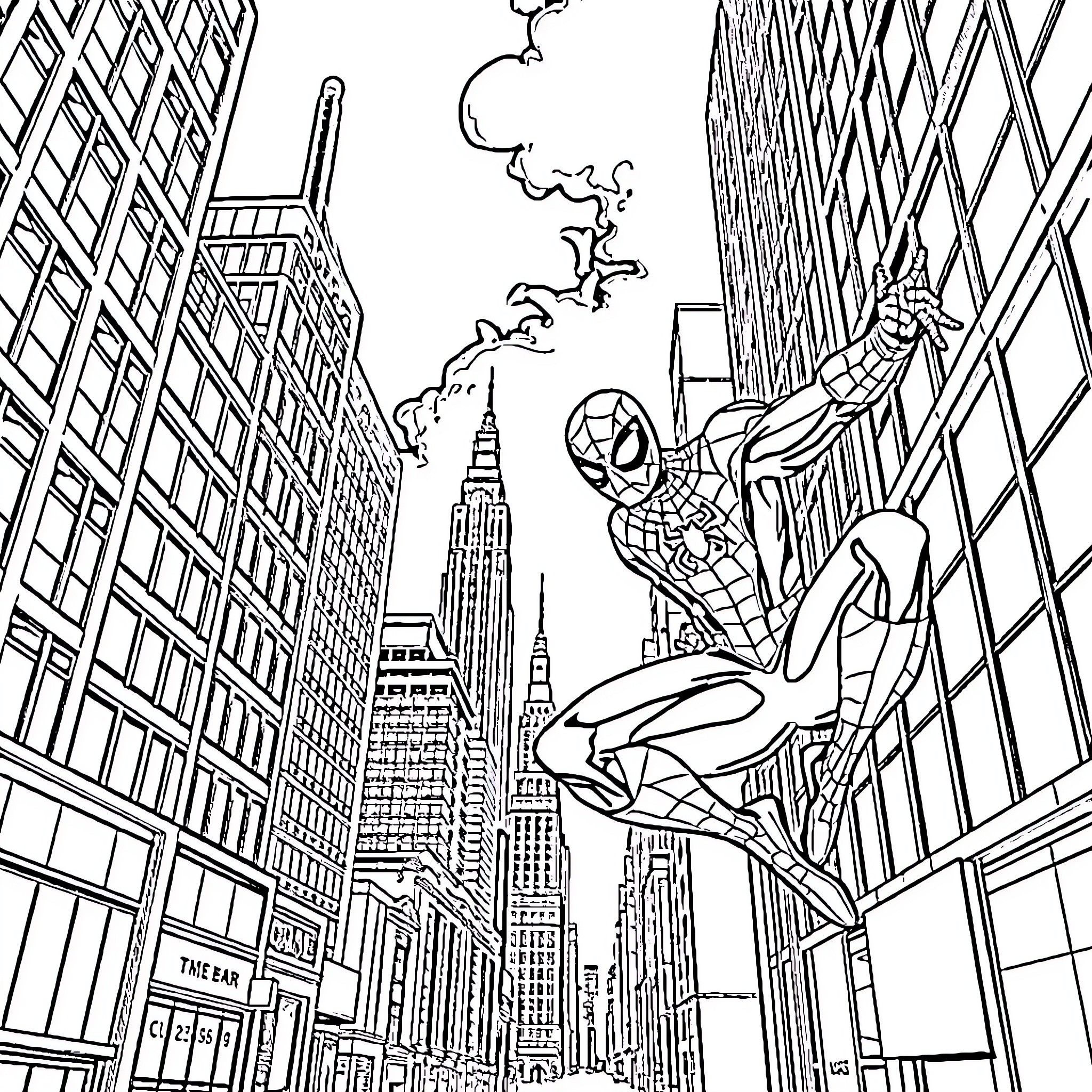 Spider-Man swinging through the city skyline Coloring Page (free black-and-white line drawing printable PDF for all, from beginners to advanced learners, including children, teens, adults, and seniors)
