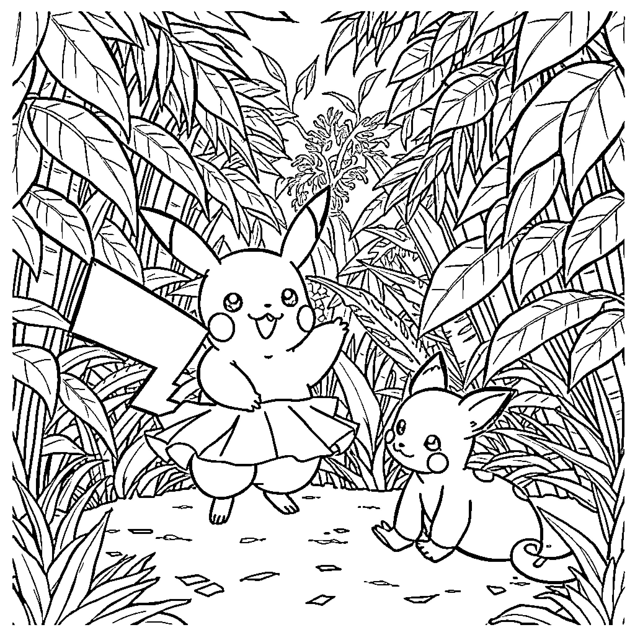 Pikachu exploring the magical forest with friends Coloring Page (free black-and-white line drawing printable PDF for all, from beginners to advanced learners, including children, teens, adults, and seniors)