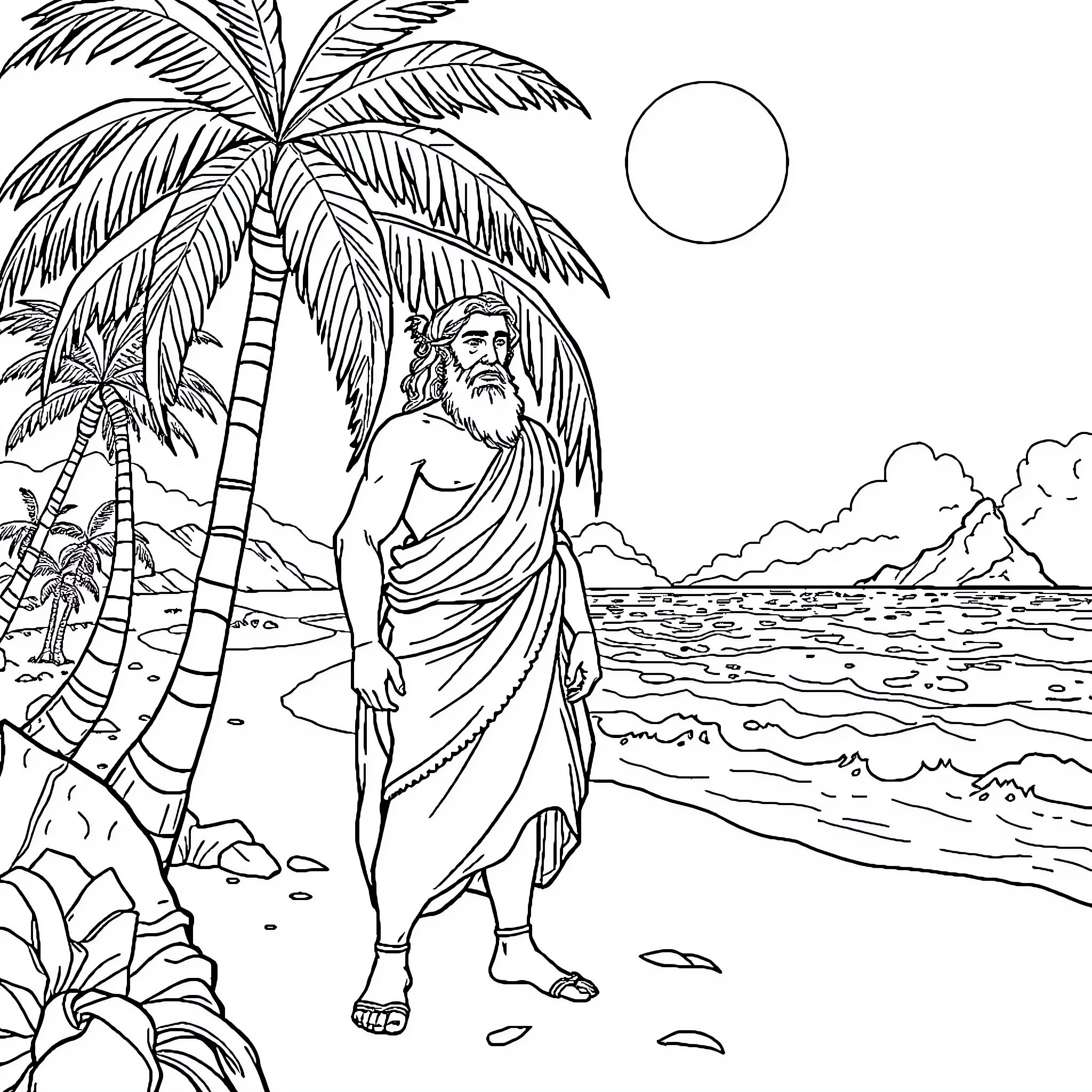 Odysseus on a tropical beach with palm trees Coloring Page (free black-and-white line drawing printable PDF for all, from beginners to advanced learners, including children, teens, adults, and seniors)