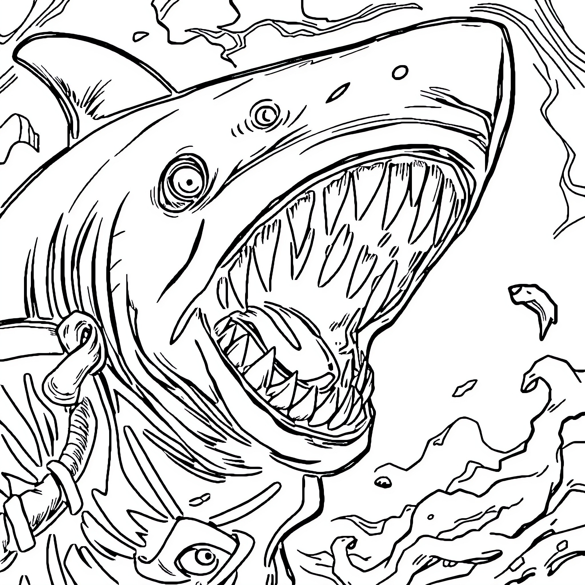 Shark with open jaws in stormy underwater scene Coloring Page (free black-and-white line drawing printable PDF for all, from beginners to advanced learners, including children, teens, adults, and seniors)