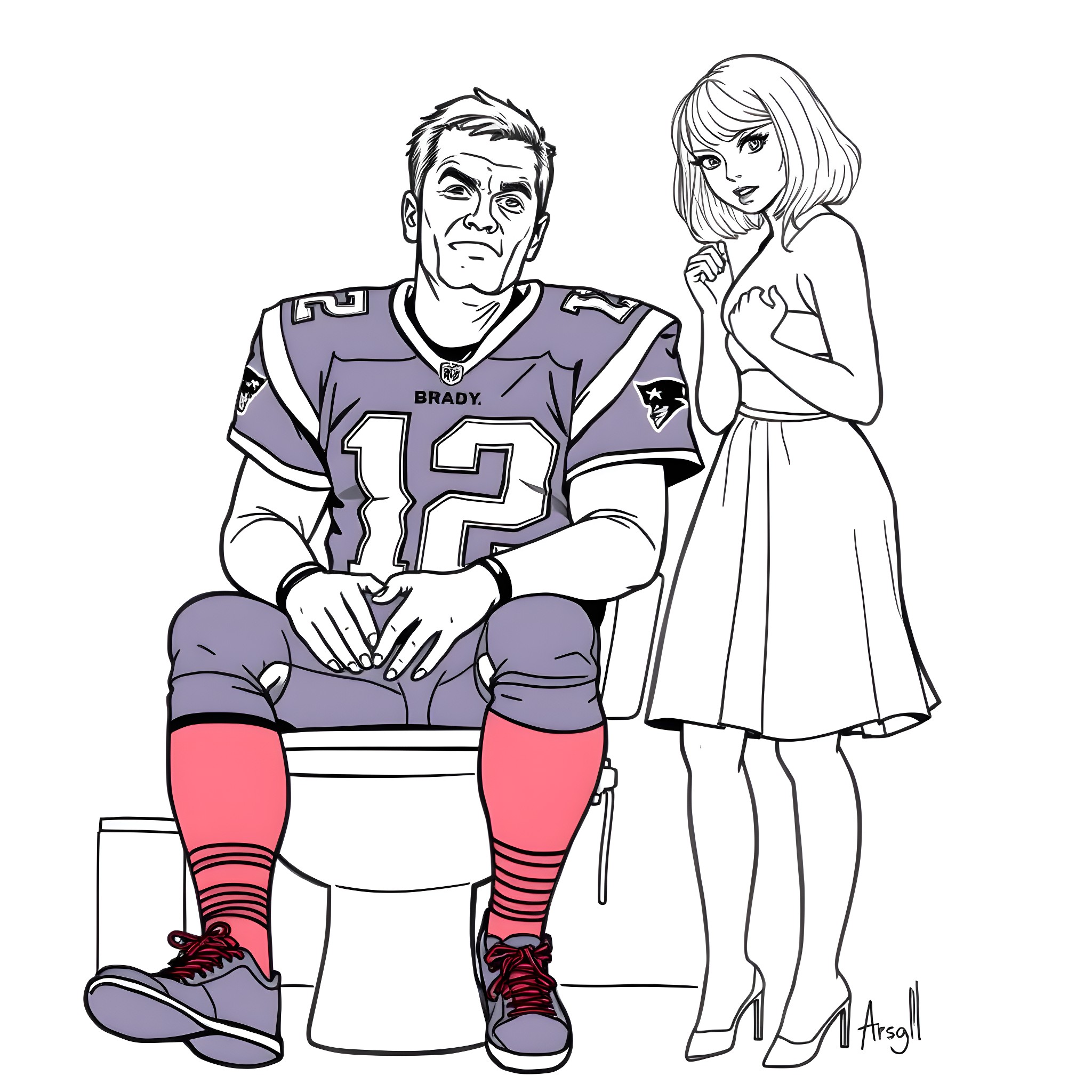 Tom Brady posing with a young woman Coloring Page (free black-and-white line drawing printable PDF for all, from beginners to advanced learners, including children, teens, adults, and seniors)