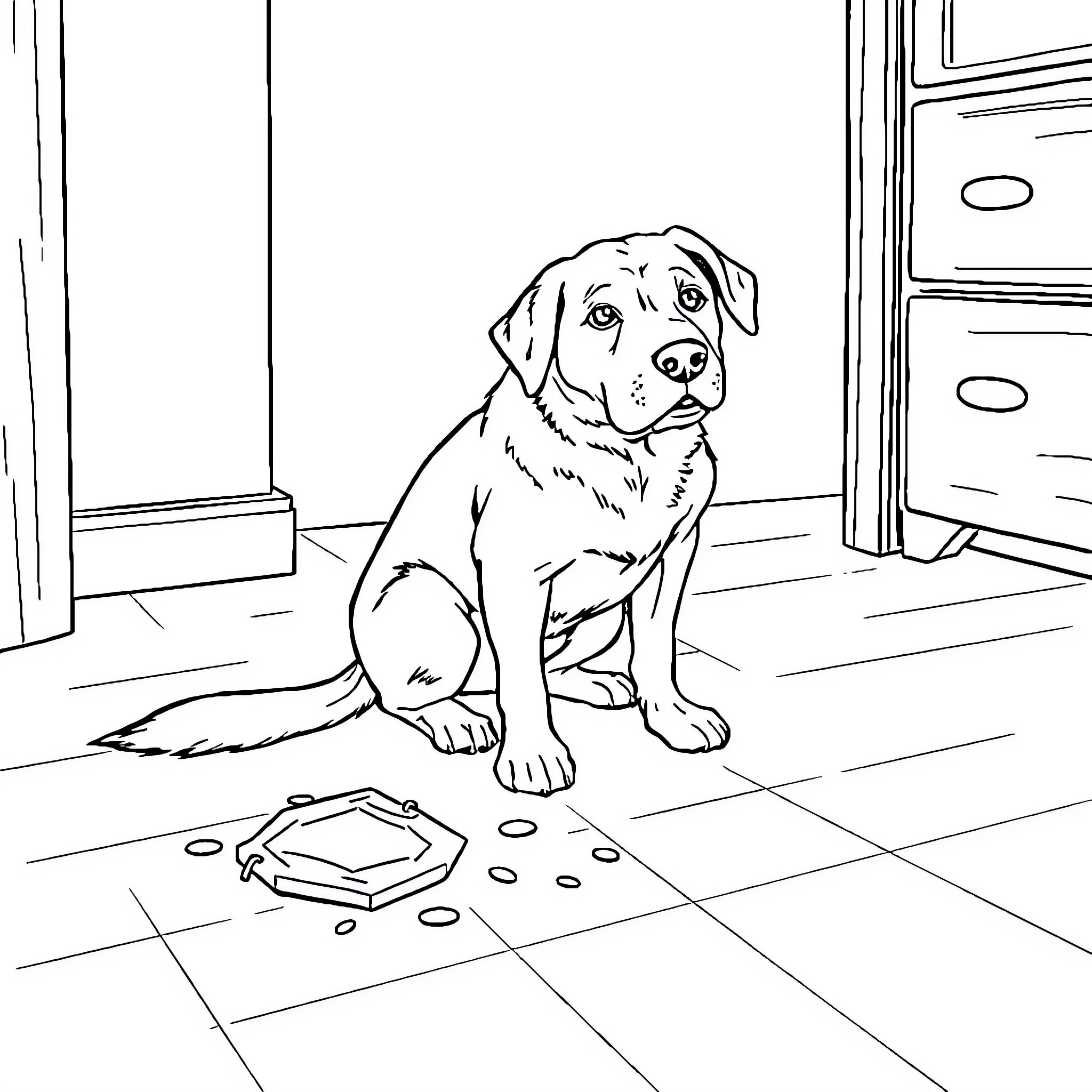 Dog sitting patiently by an open door Coloring Page (free black-and-white line drawing printable PDF for all, from beginners to advanced learners, including children, teens, adults, and seniors)