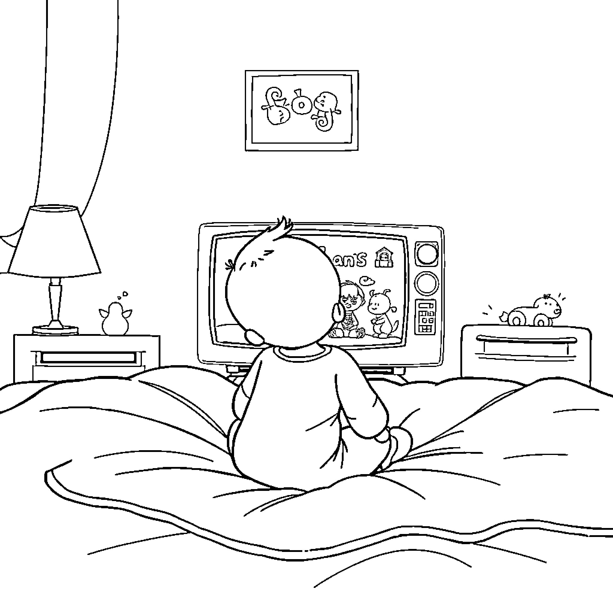 Baby watching cartoons on TV in bedroom Coloring Page (free black-and-white line drawing printable PDF for all, from beginners to advanced learners, including children, teens, adults, and seniors)