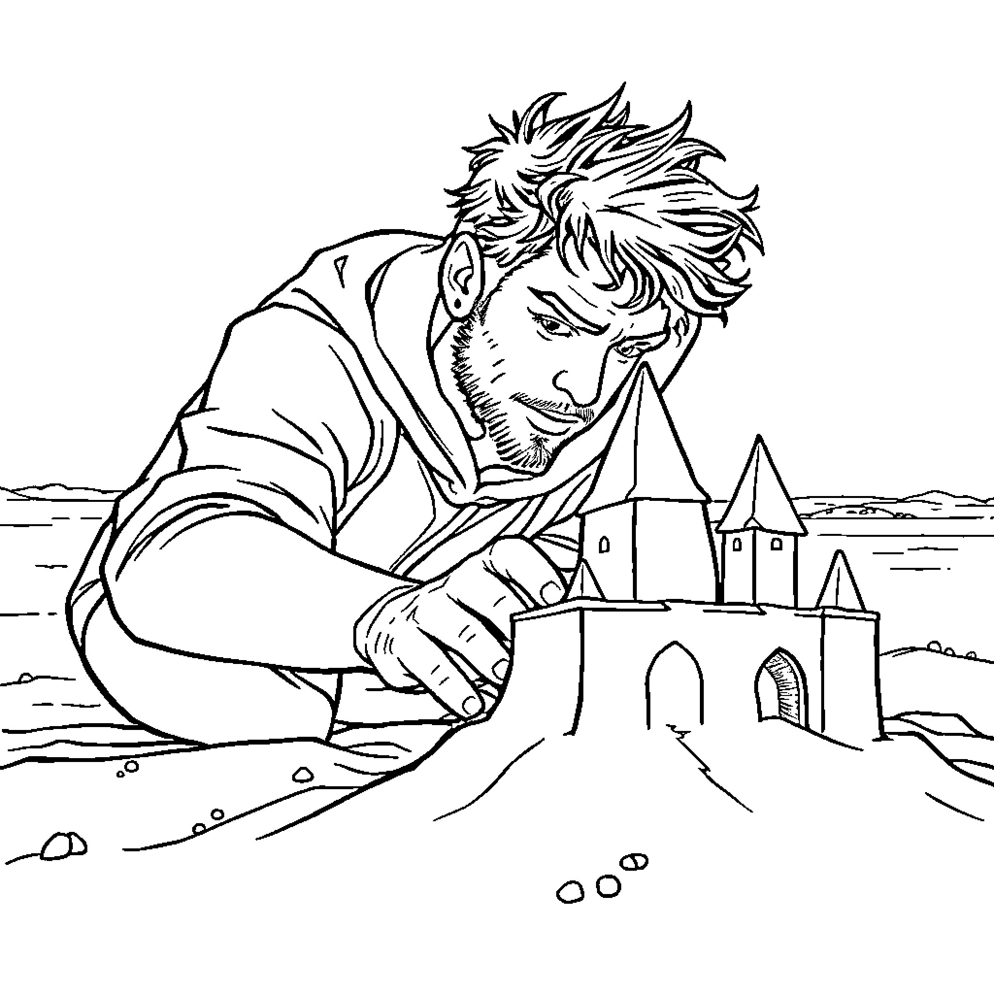 Wednesday man building sand castle on the beach Coloring Page (free black-and-white line drawing printable PDF for all, from beginners to advanced learners, including children, teens, adults, and seniors)