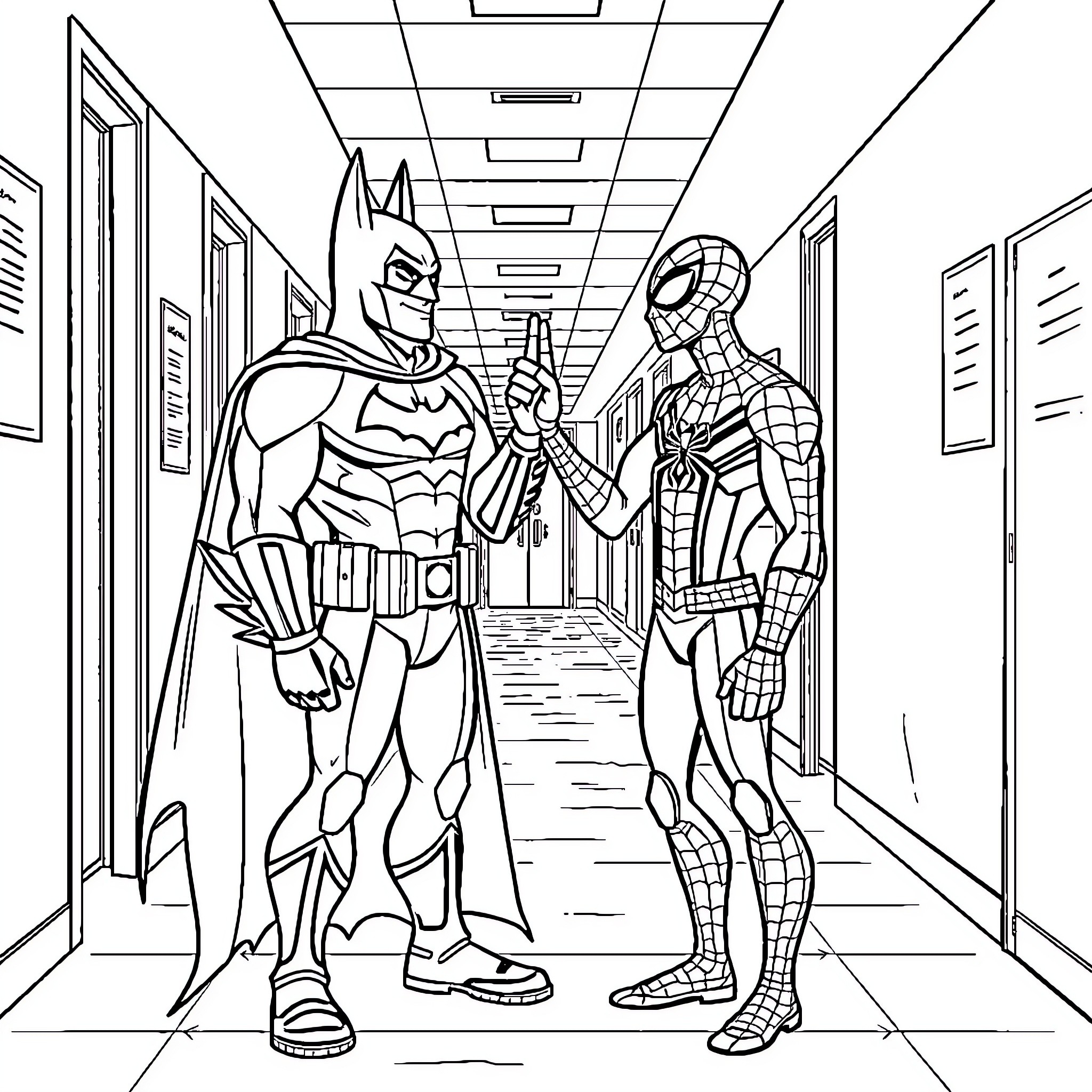 Batman and Spider-Man in a School Hallway Coloring Page (free black-and-white line drawing printable PDF for all, from beginners to advanced learners, including children, teens, adults, and seniors)