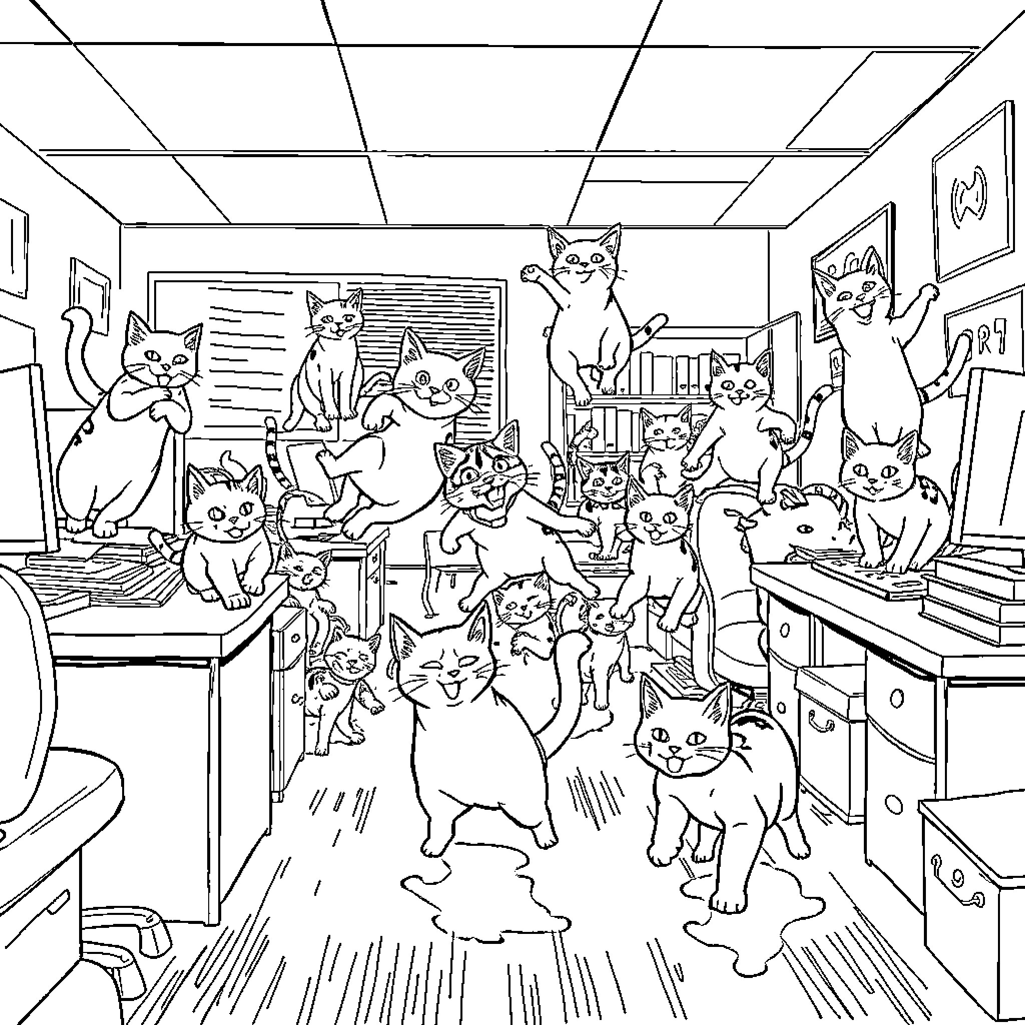 Cat Chaos in the Cozy Home Coloring Page (free black-and-white line drawing printable PDF for all, from beginners to advanced learners, including children, teens, adults, and seniors)