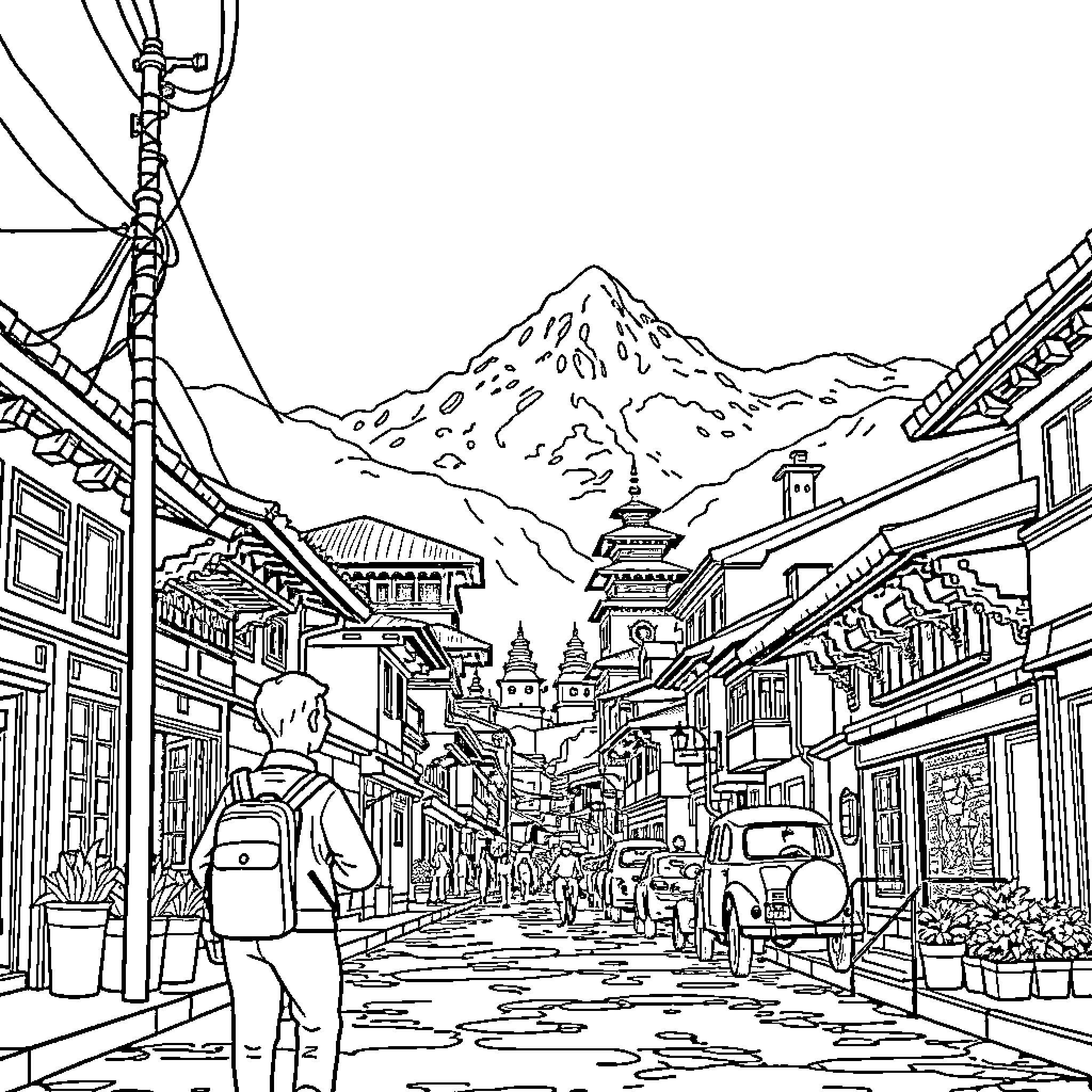 Tin Tin's Travels Through the Charming Mountain Town Coloring Page (free black-and-white line drawing printable PDF for all, from beginners to advanced learners, including children, teens, adults, and seniors)