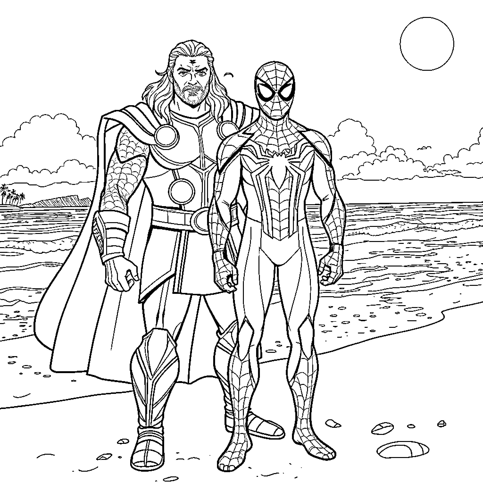 Thor and Spider-Man heroic adventure by the sea Coloring Page (free black-and-white line drawing printable PDF for all, from beginners to advanced learners, including children, teens, adults, and seniors)