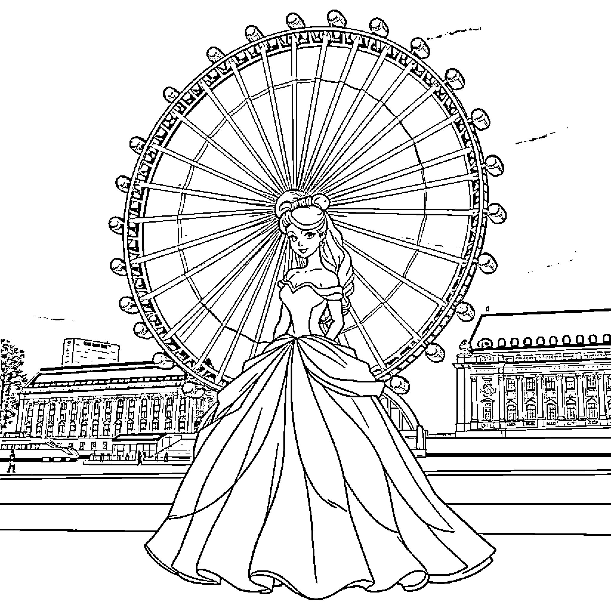 Disney Princess Enjoying Ferris Wheel Ride at Amusement Park Coloring Page (free black-and-white line drawing printable PDF for all, from beginners to advanced learners, including children, teens, adults, and seniors)