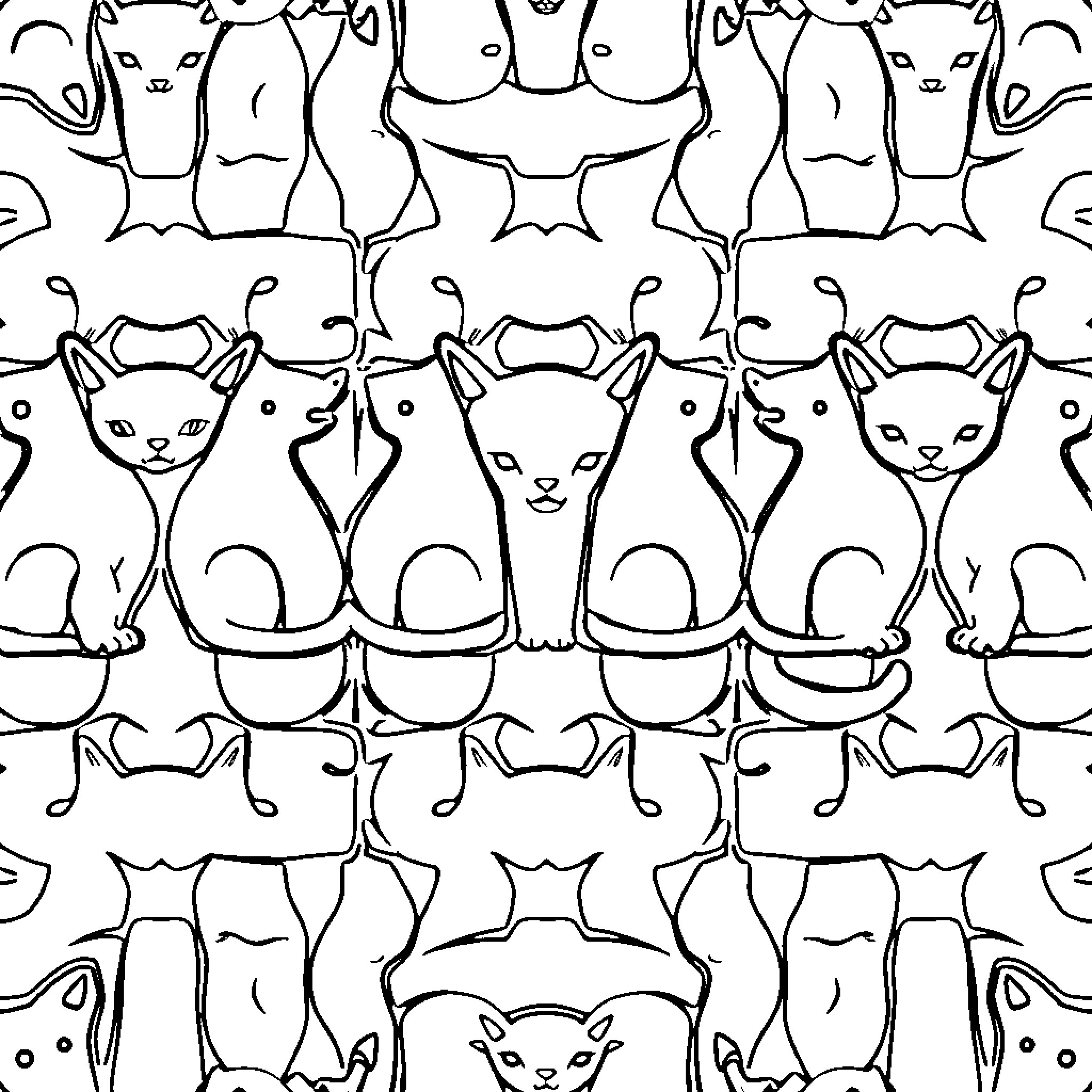 Cat Motifs in Whimsical Patterned Design Coloring Page (free black-and-white line drawing printable PDF for all, from beginners to advanced learners, including children, teens, adults, and seniors)
