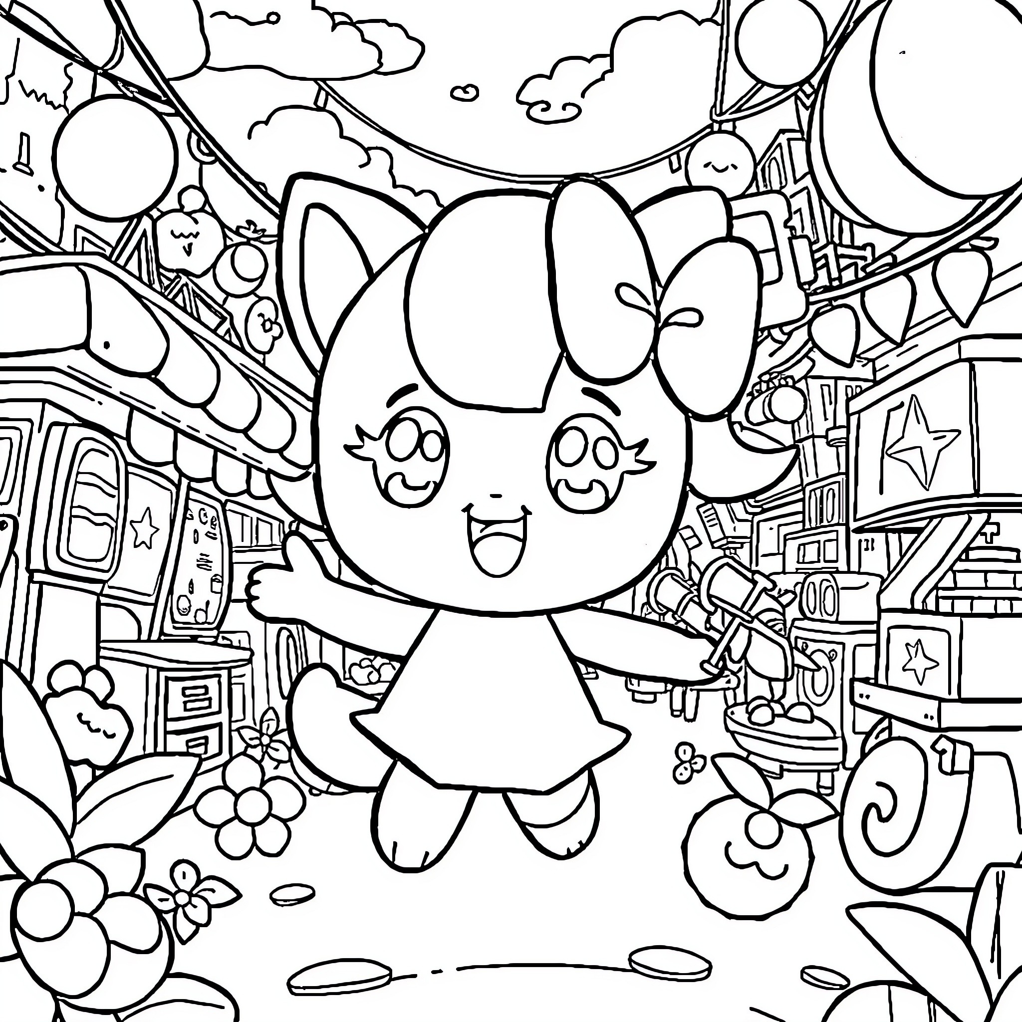 Vimm's happy adventure in a whimsical world Coloring Page (free black-and-white line drawing printable PDF for all, from beginners to advanced learners, including children, teens, adults, and seniors)