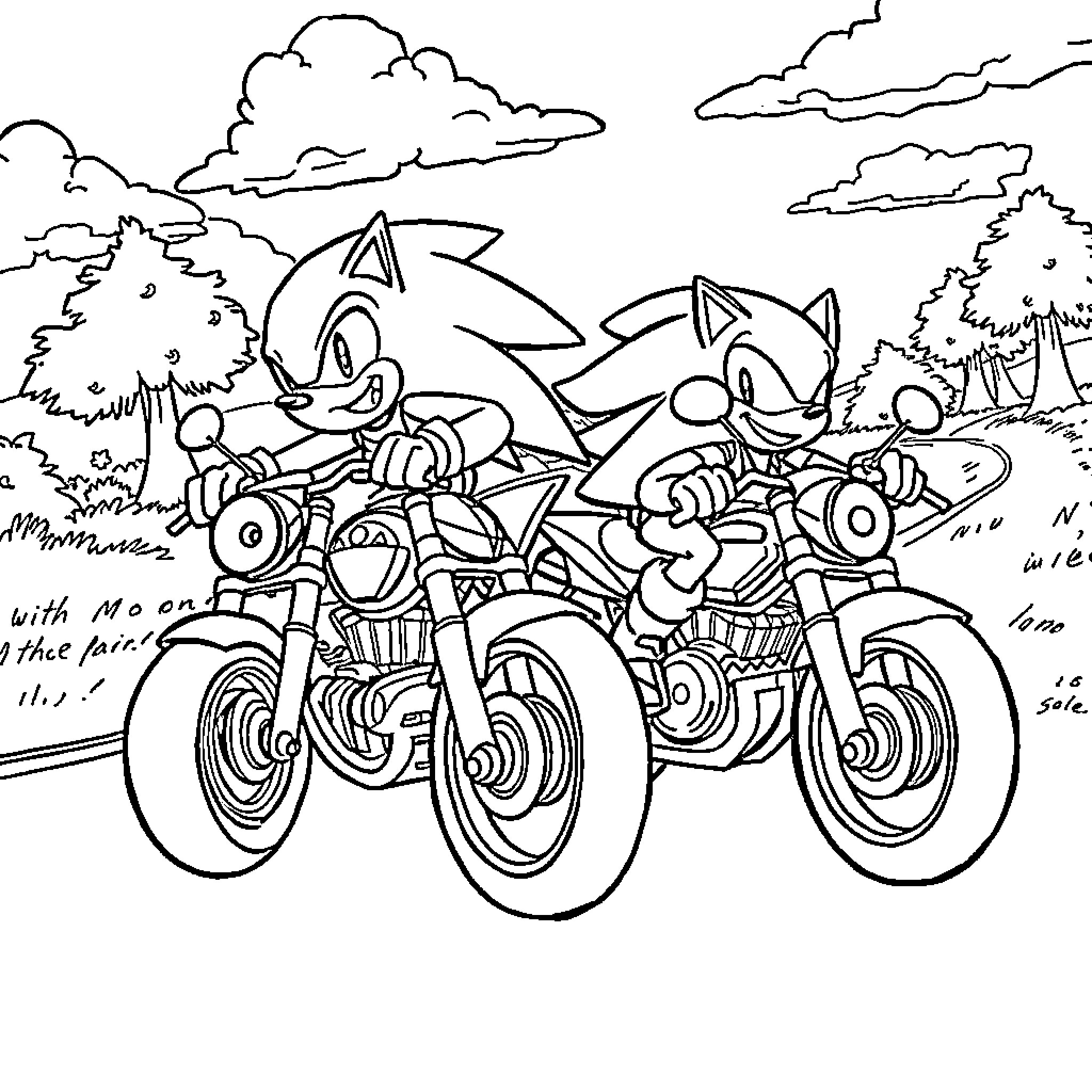 Sonic and Friends Riding Motorcycles Through Nature Coloring Page (free black-and-white line drawing printable PDF for all, from beginners to advanced learners, including children, teens, adults, and seniors)