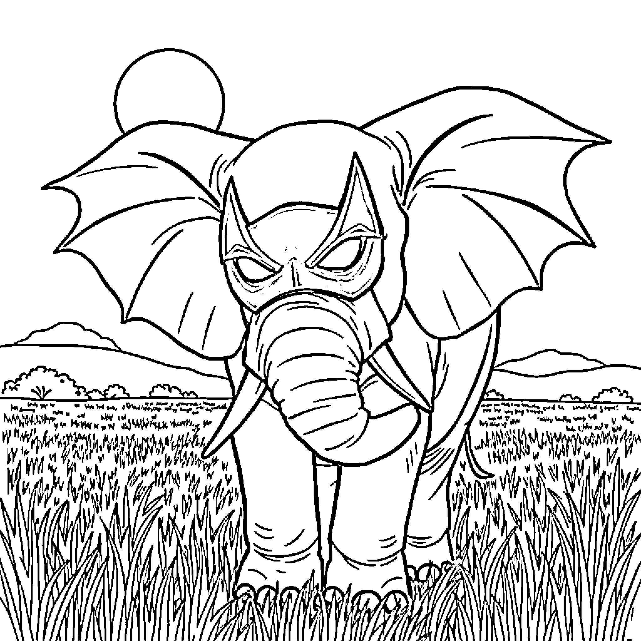 Elephant with bat-like wings in a grassy field Coloring Page (free black-and-white line drawing printable PDF for all, from beginners to advanced learners, including children, teens, adults, and seniors)