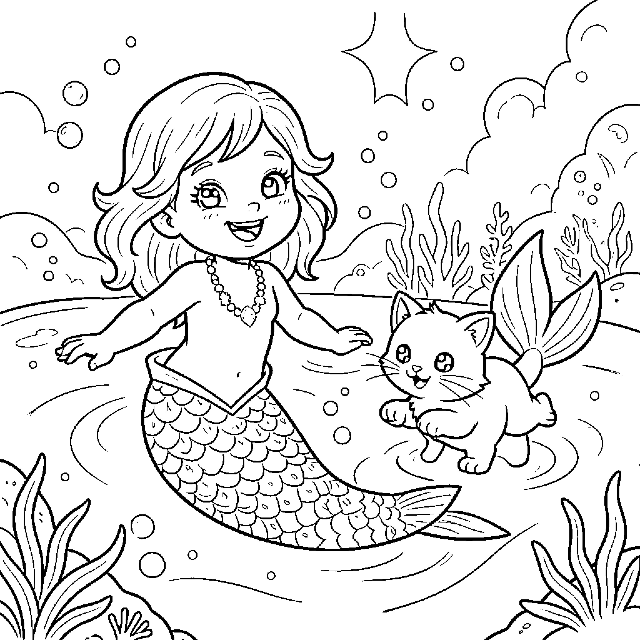 Mermaid playing with a kitten in the underwater world Coloring Page (free black-and-white line drawing printable PDF for all, from beginners to advanced learners, including children, teens, adults, and seniors)