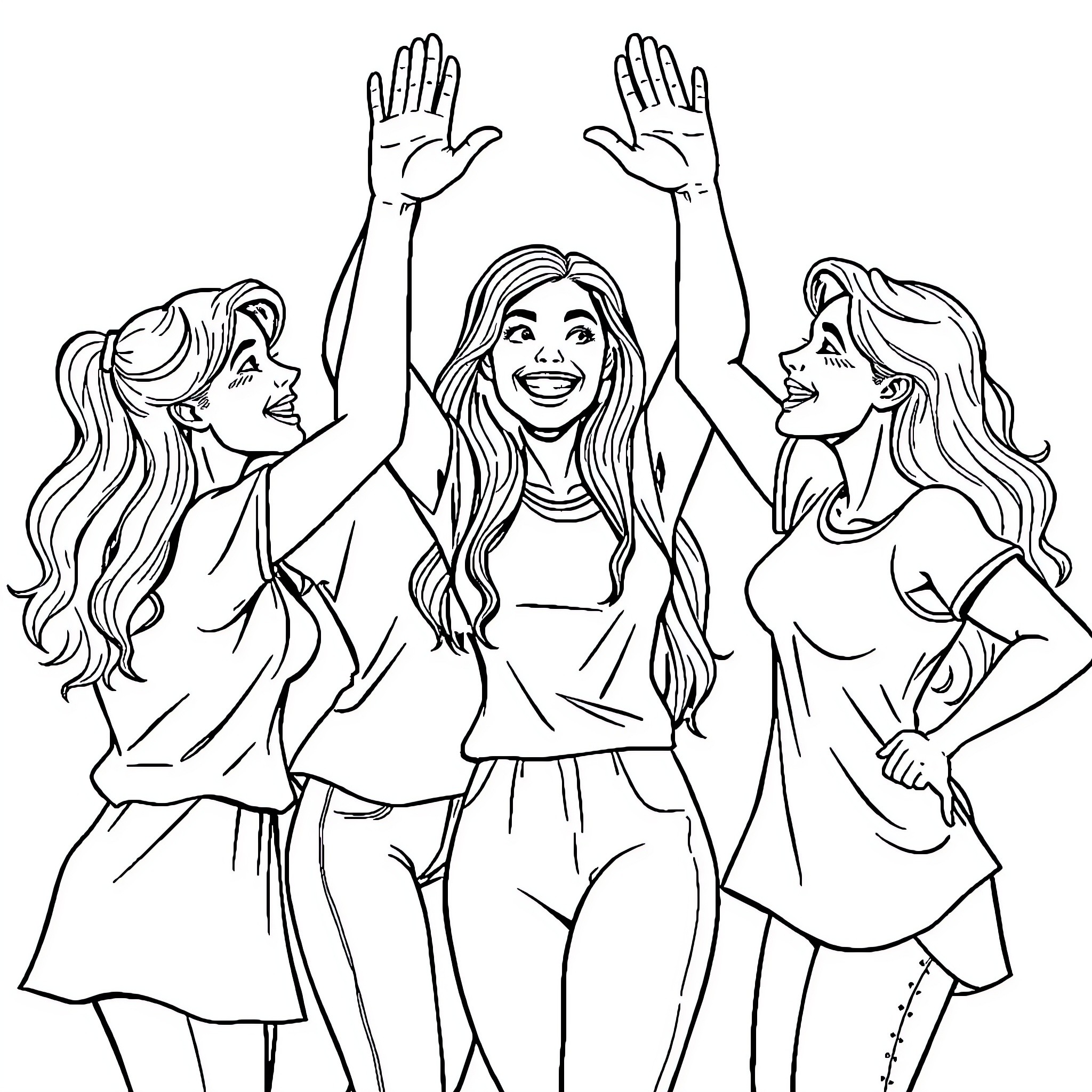 Girl friends celebrating together joyfully Coloring Page (free black-and-white line drawing printable PDF for all, from beginners to advanced learners, including children, teens, adults, and seniors)