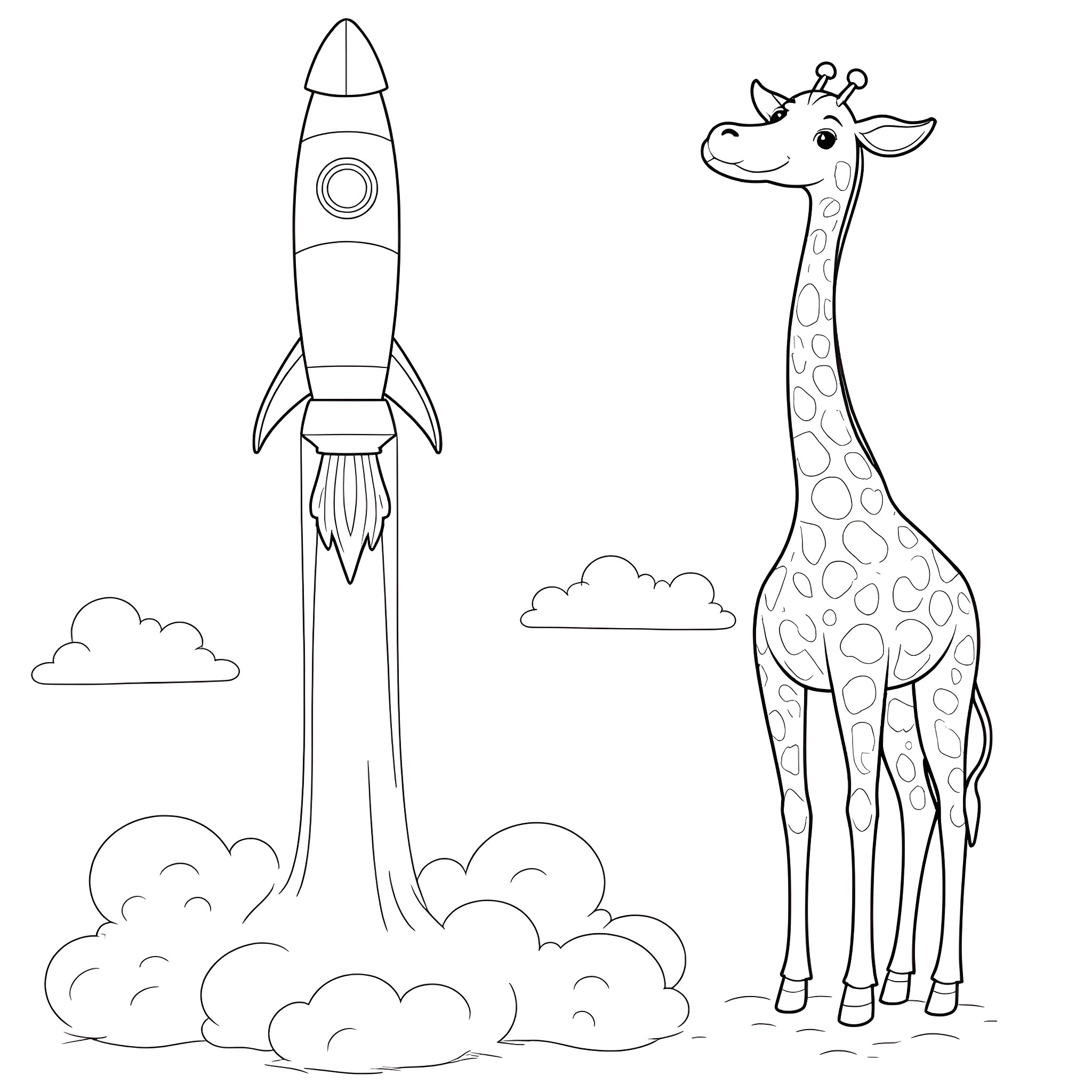 Rocket launch with giraffe watching in the sky Coloring Page (free black-and-white line drawing printable PDF for all, from beginners to advanced learners, including children, teens, adults, and seniors)