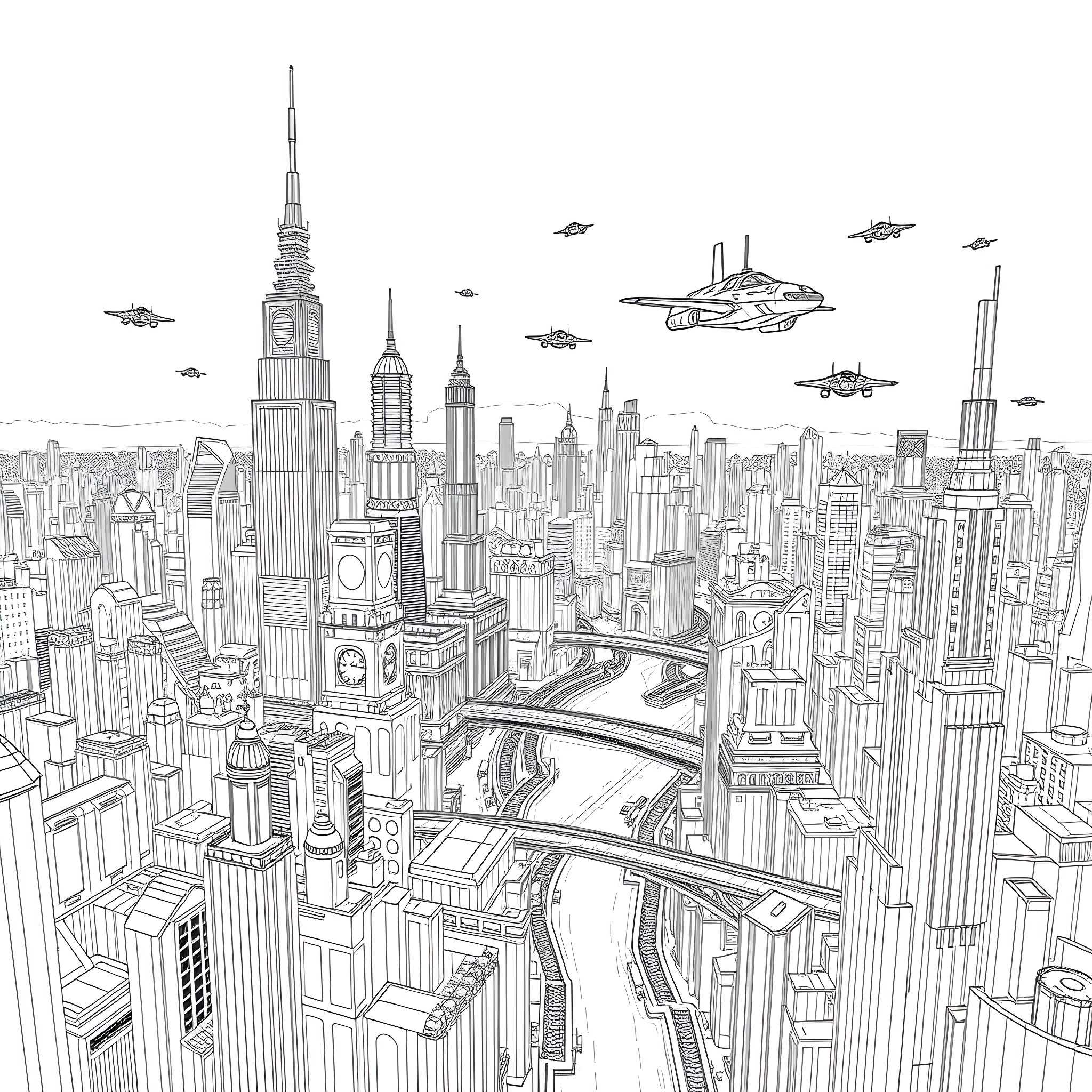 City of skyscrapers, transportation, and futuristic flying vehicles Coloring Page (free black-and-white line drawing printable PDF for all, from beginners to advanced learners, including children, teens, adults, and seniors)
