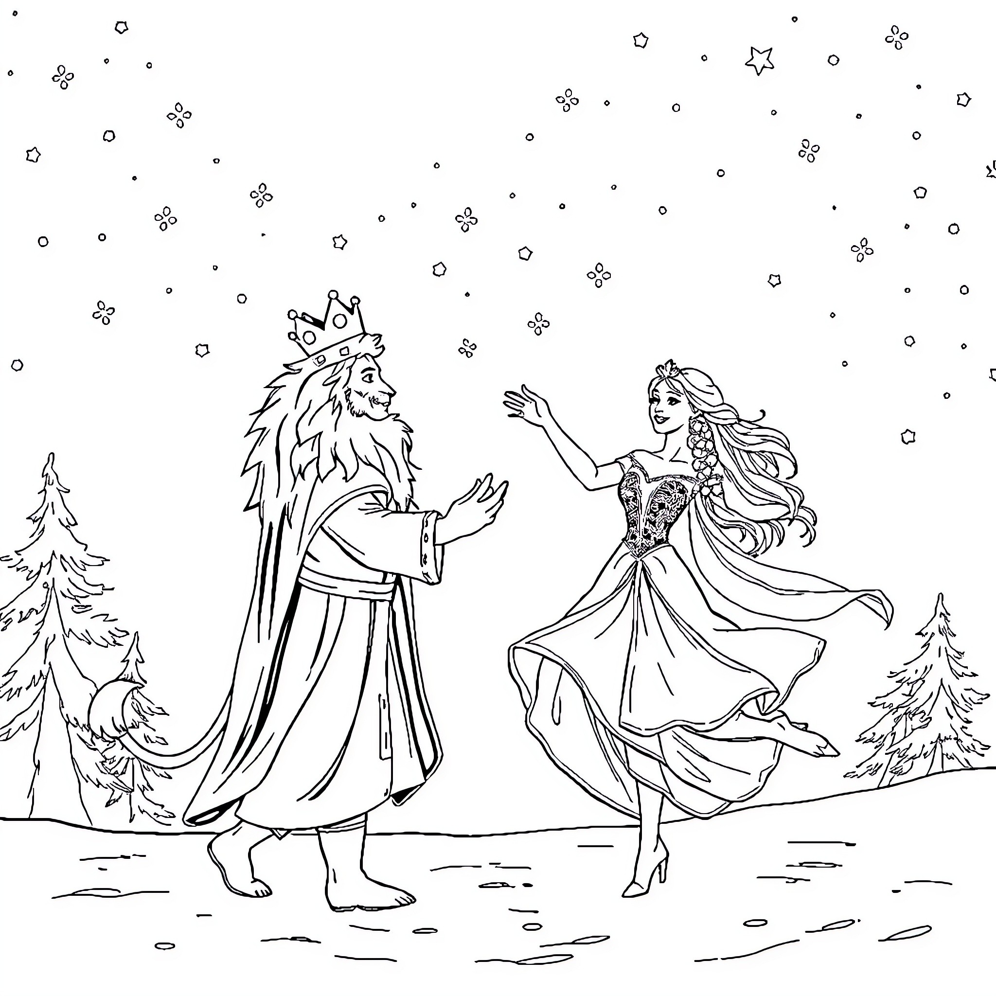 Queen and Princess Dancing in Enchanted Snowfall Coloring Page (free black-and-white line drawing printable PDF for all, from beginners to advanced learners, including children, teens, adults, and seniors)