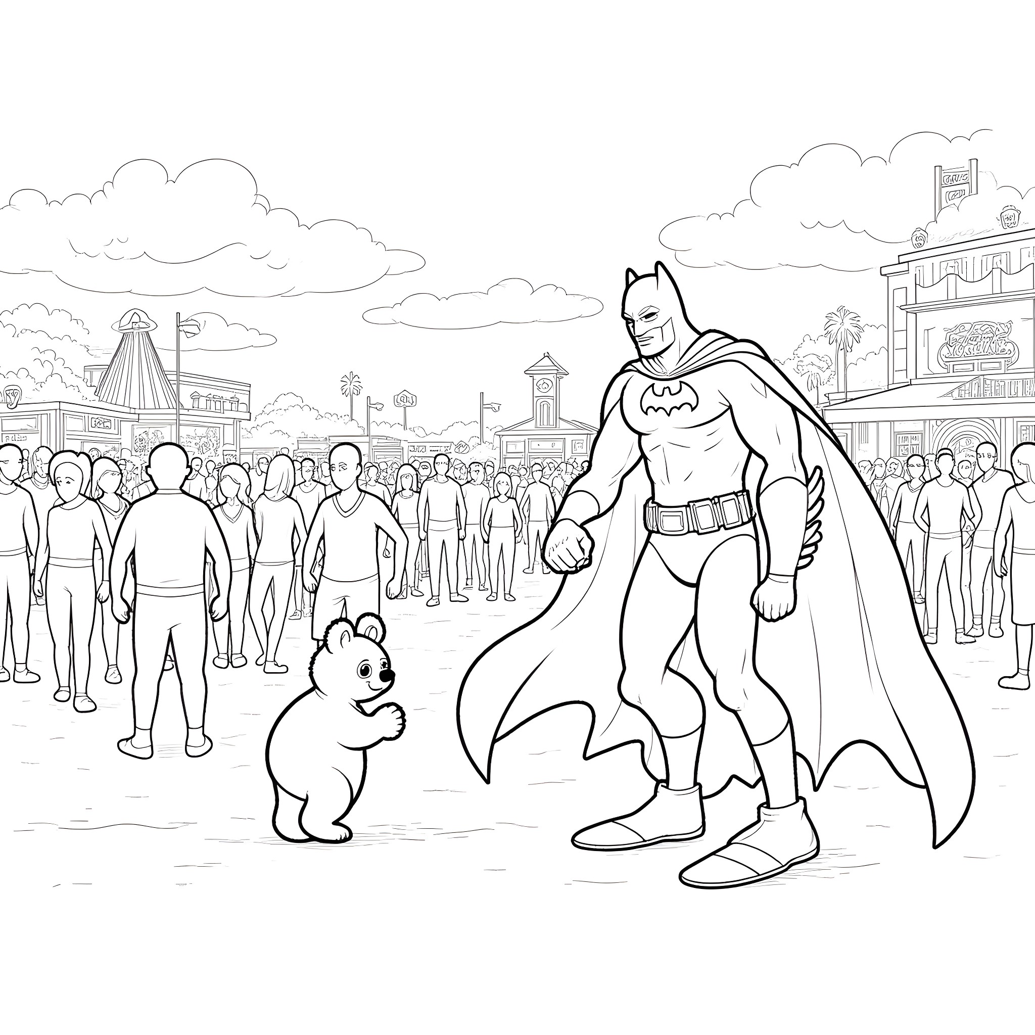 Batman surveying the city with a sidekick Coloring Page (free black-and-white line drawing printable PDF for all, from beginners to advanced learners, including children, teens, adults, and seniors)