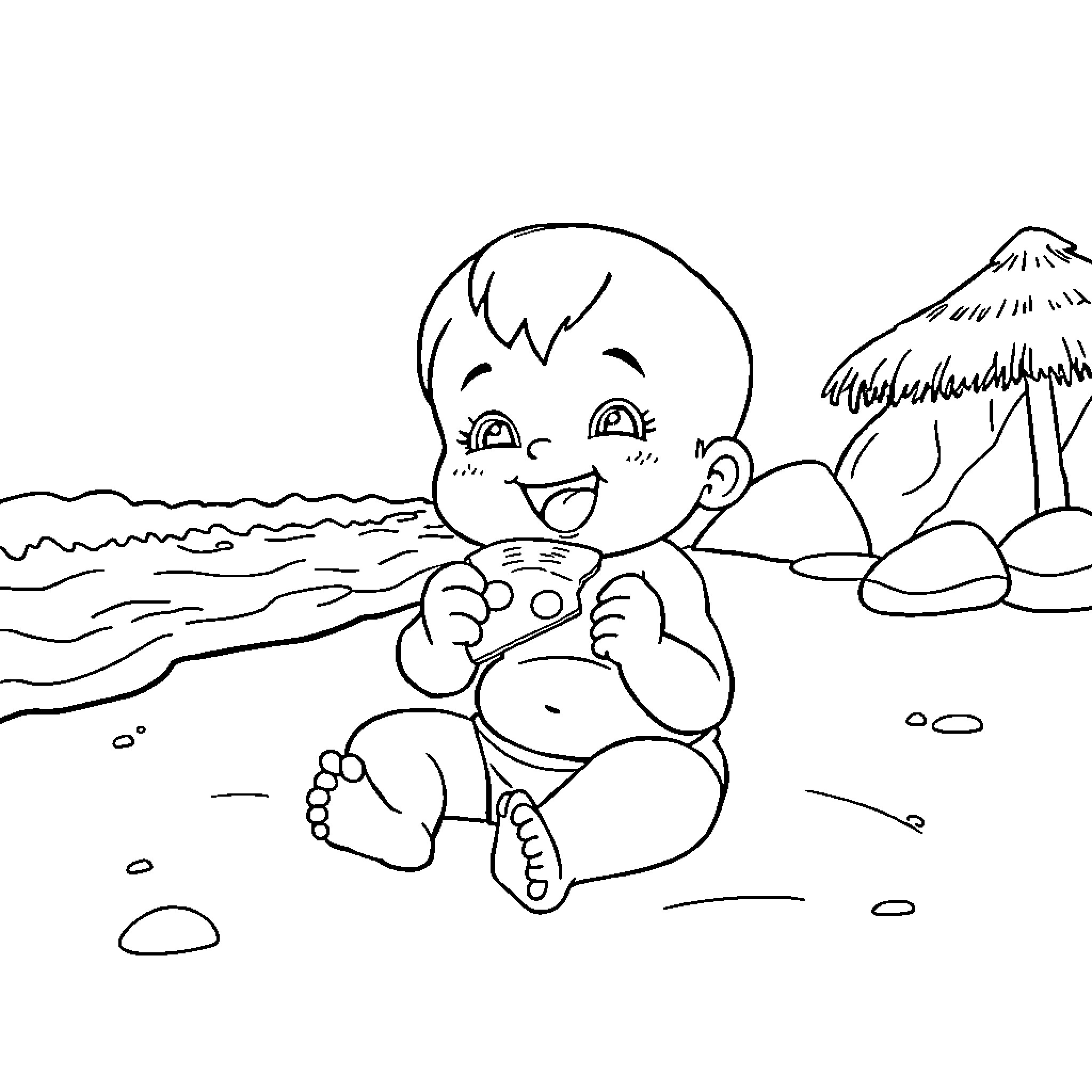 Baby playing happily by the beach Coloring Page (free black-and-white line drawing printable PDF for all, from beginners to advanced learners, including children, teens, adults, and seniors)