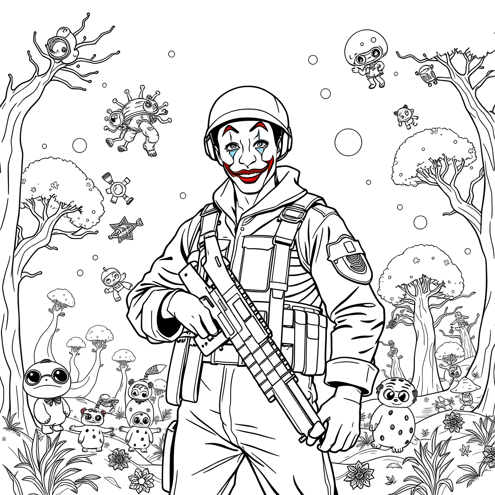 Soldier in Fantastical Woodland Encounter Coloring Page (free black-and-white line drawing printable PDF for all, from beginners to advanced learners, including children, teens, adults, and seniors)
