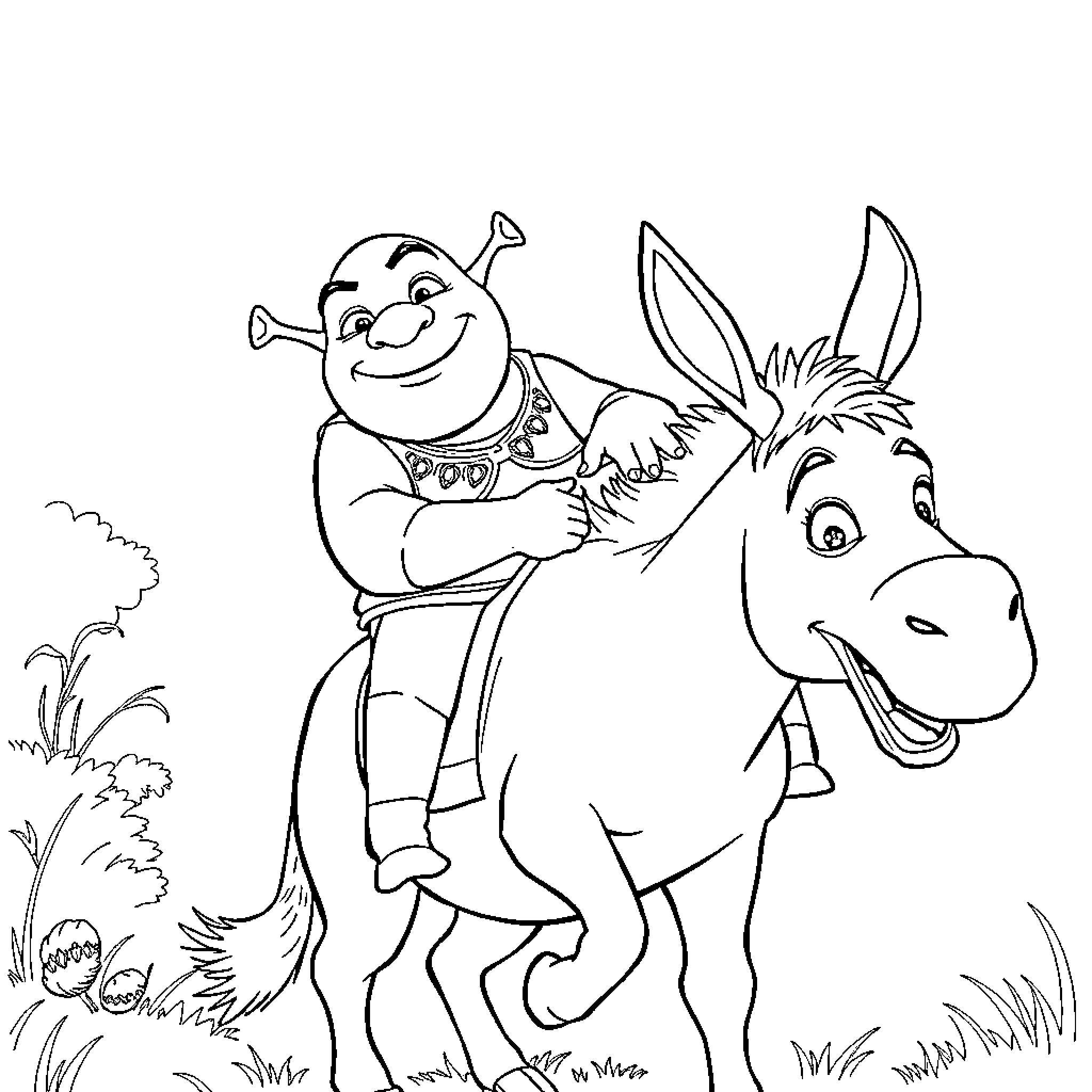 Shrek riding a playful donkey in the countryside Coloring Page (free black-and-white line drawing printable PDF for all, from beginners to advanced learners, including children, teens, adults, and seniors)