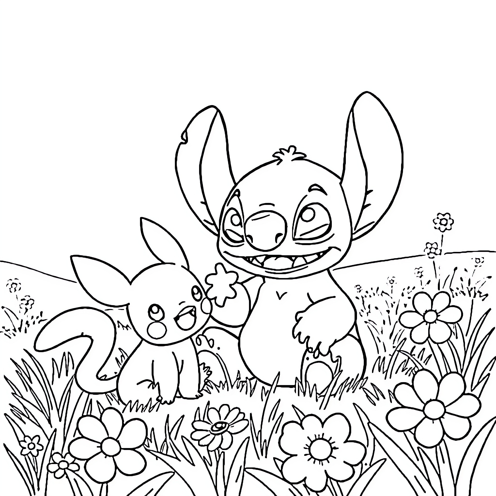Stitch exploring a flowery meadow Coloring Page (free black-and-white line drawing printable PDF for all, from beginners to advanced learners, including children, teens, adults, and seniors)