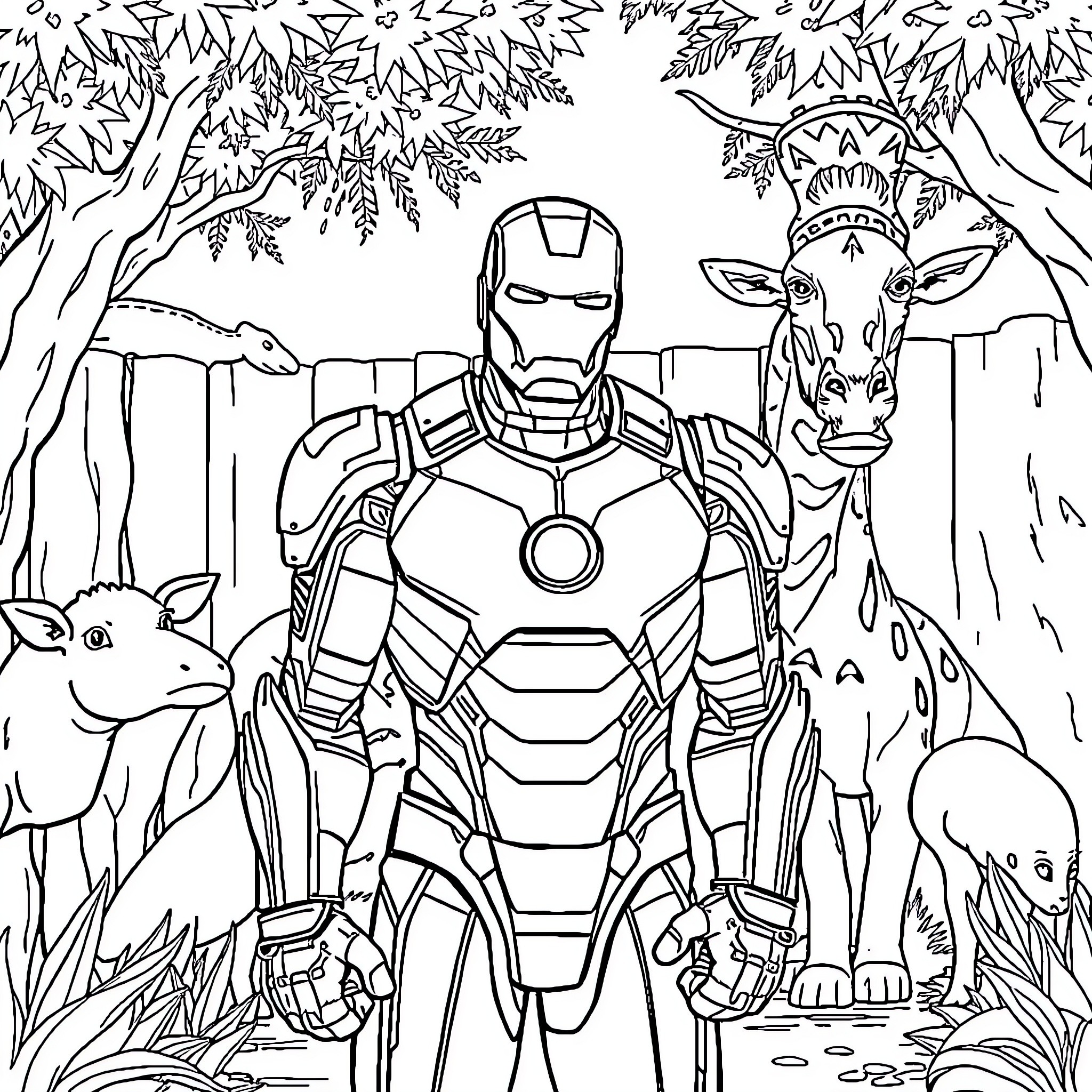 Iron Man in Nature with Jungle Animals Coloring Page (free black-and-white line drawing printable PDF for all, from beginners to advanced learners, including children, teens, adults, and seniors)