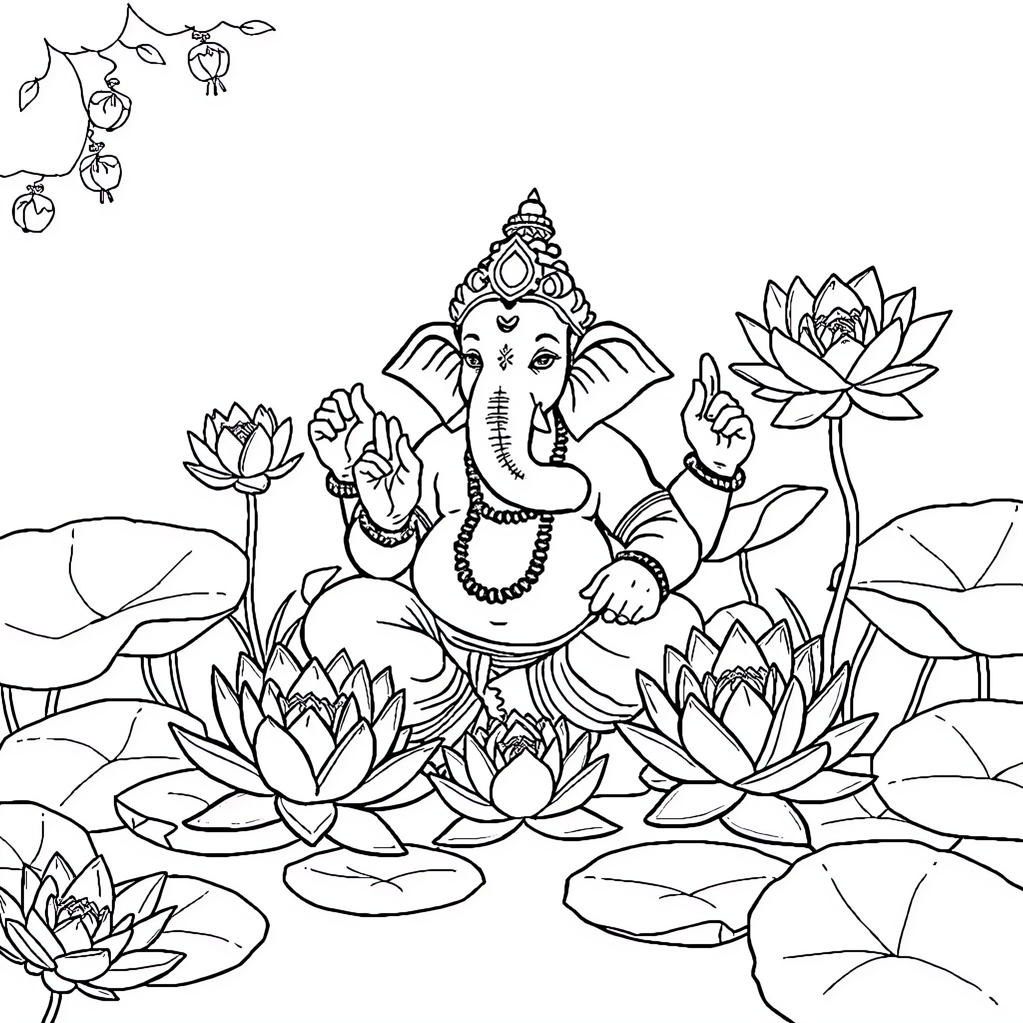 Ganesh sitting peacefully amidst lotus flowers Coloring Page (free black-and-white line drawing printable PDF for all, from beginners to advanced learners, including children, teens, adults, and seniors)