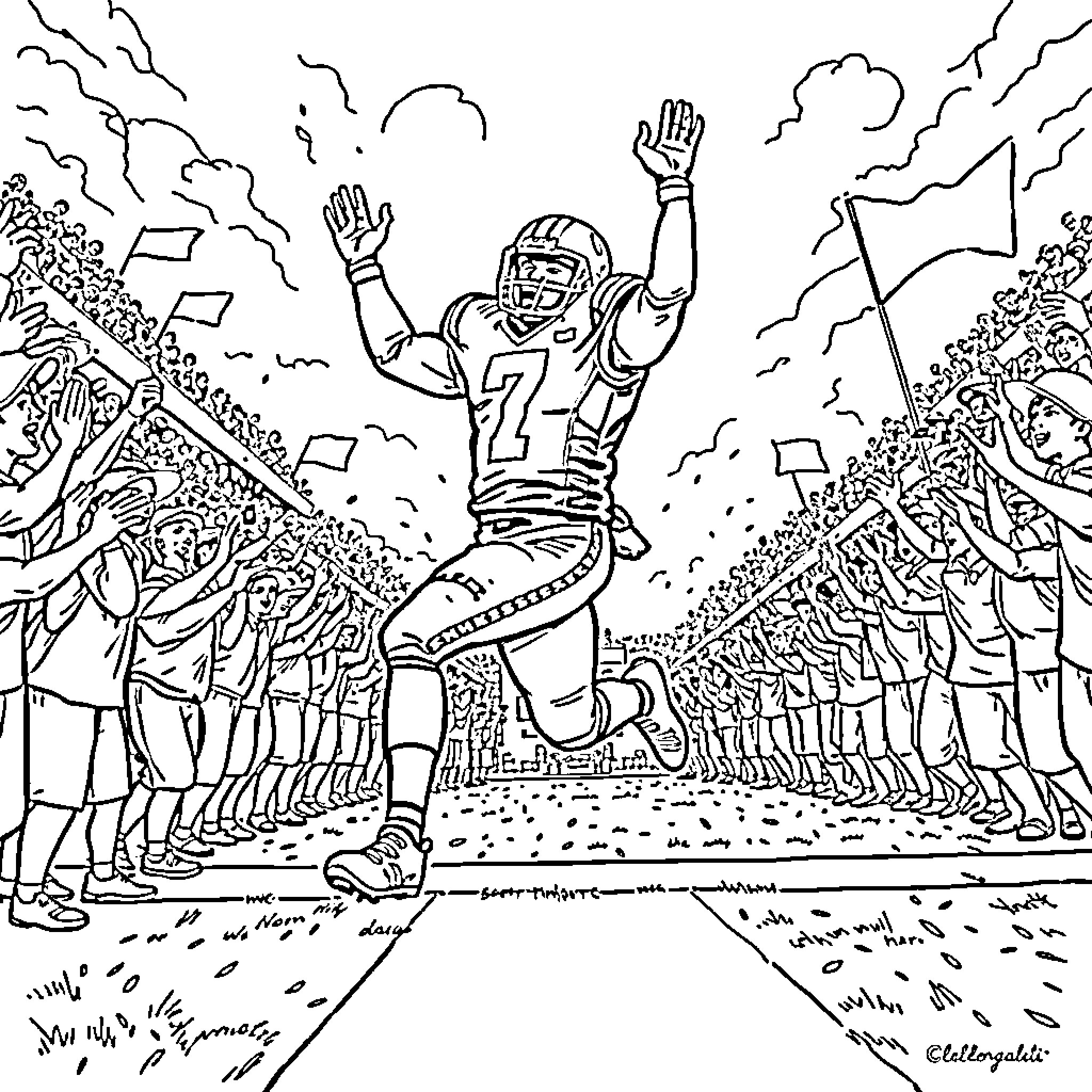 Football Player Celebrating Victory with Crowd Coloring Page (free black-and-white line drawing printable PDF for all, from beginners to advanced learners, including children, teens, adults, and seniors)