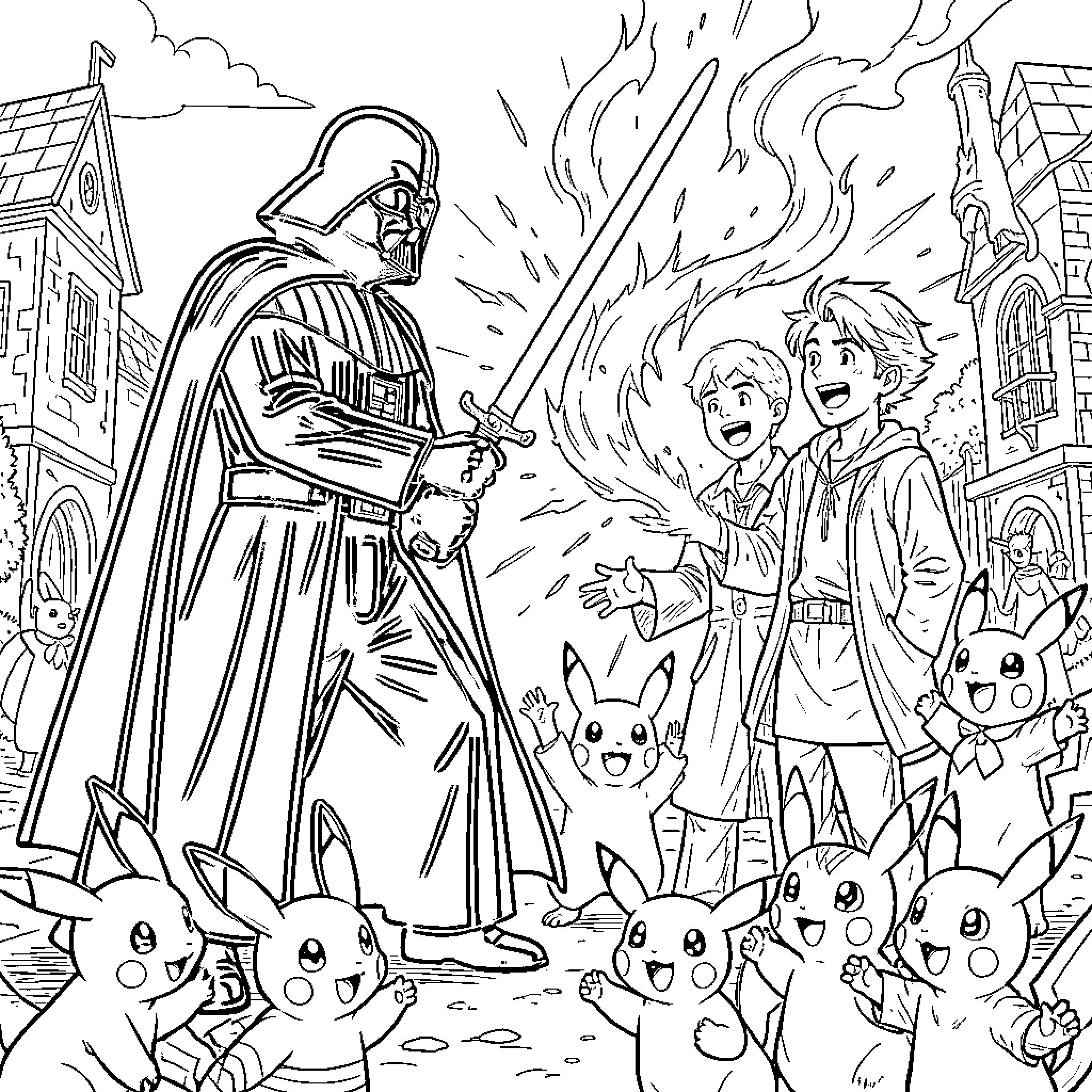 Darth Vader holding a sword with joyful characters Coloring Page (free black-and-white line drawing printable PDF for all, from beginners to advanced learners, including children, teens, adults, and seniors)