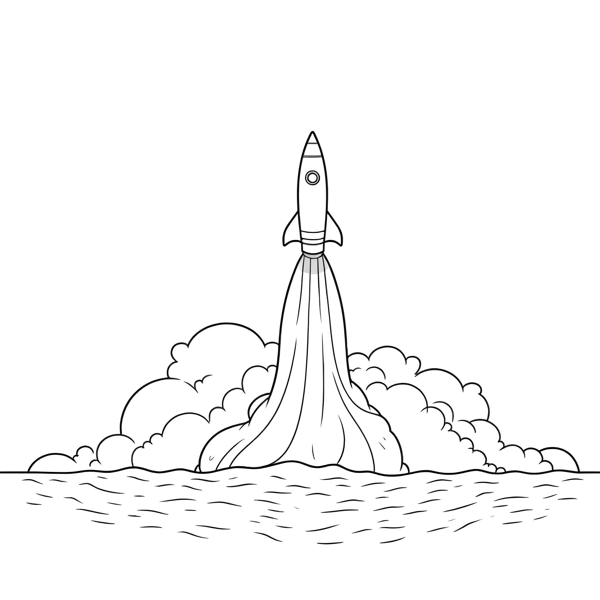 Submarine Rocket Launch Ascending into the Sky Coloring Page (free black-and-white line drawing printable PDF for all, from beginners to advanced learners, including children, teens, adults, and seniors)