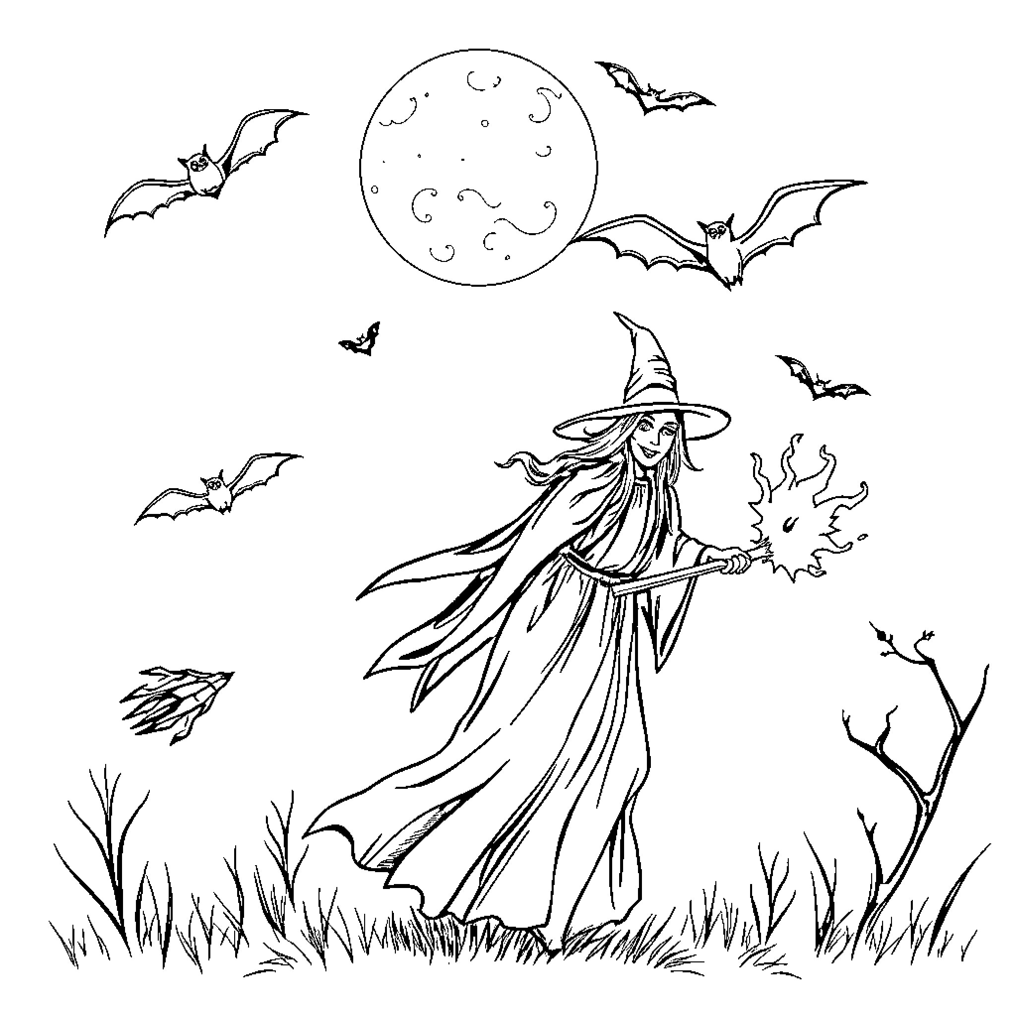 Bat-Themed Halloween Scene with Witch Coloring Page (free black-and-white line drawing printable PDF for all, from beginners to advanced learners, including children, teens, adults, and seniors)