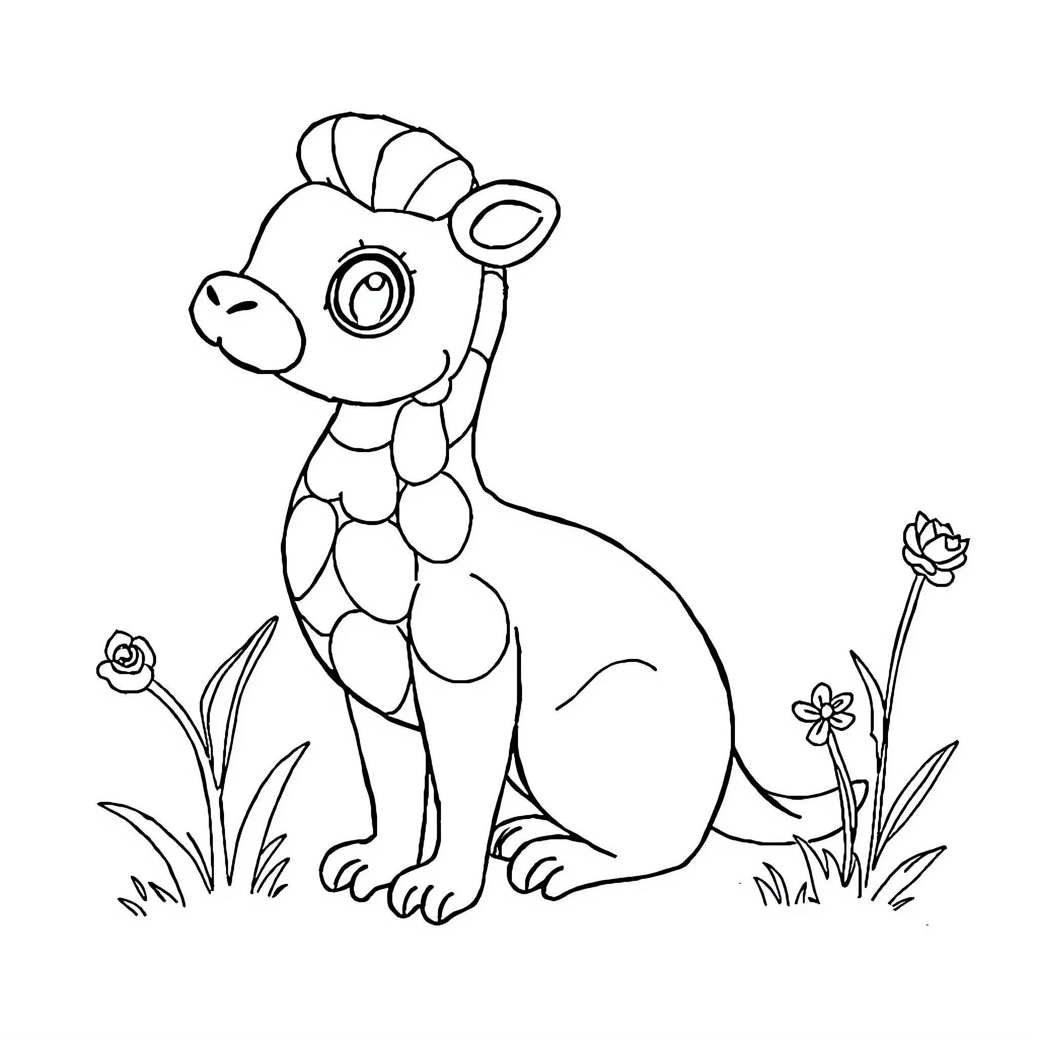 Drawing of a playful animal in a floral scene Coloring Page (free black-and-white line drawing printable PDF for all, from beginners to advanced learners, including children, teens, adults, and seniors)