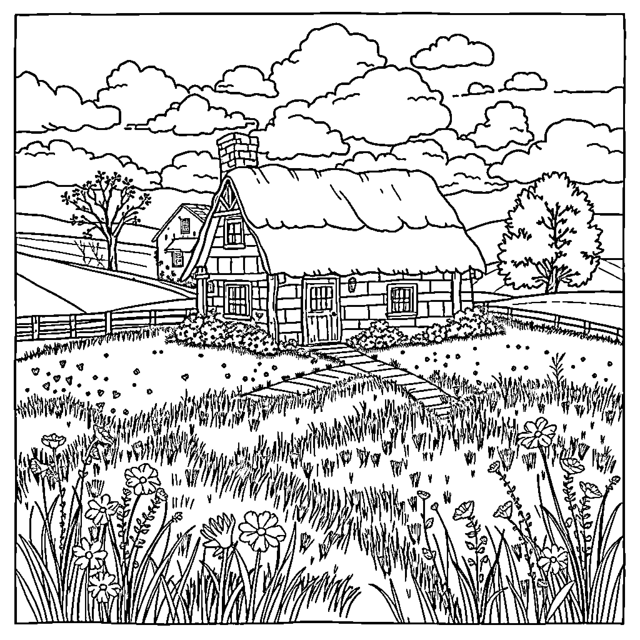 Homestead in a Pastoral Landscape Coloring Page (free black-and-white line drawing printable PDF for all, from beginners to advanced learners, including children, teens, adults, and seniors)