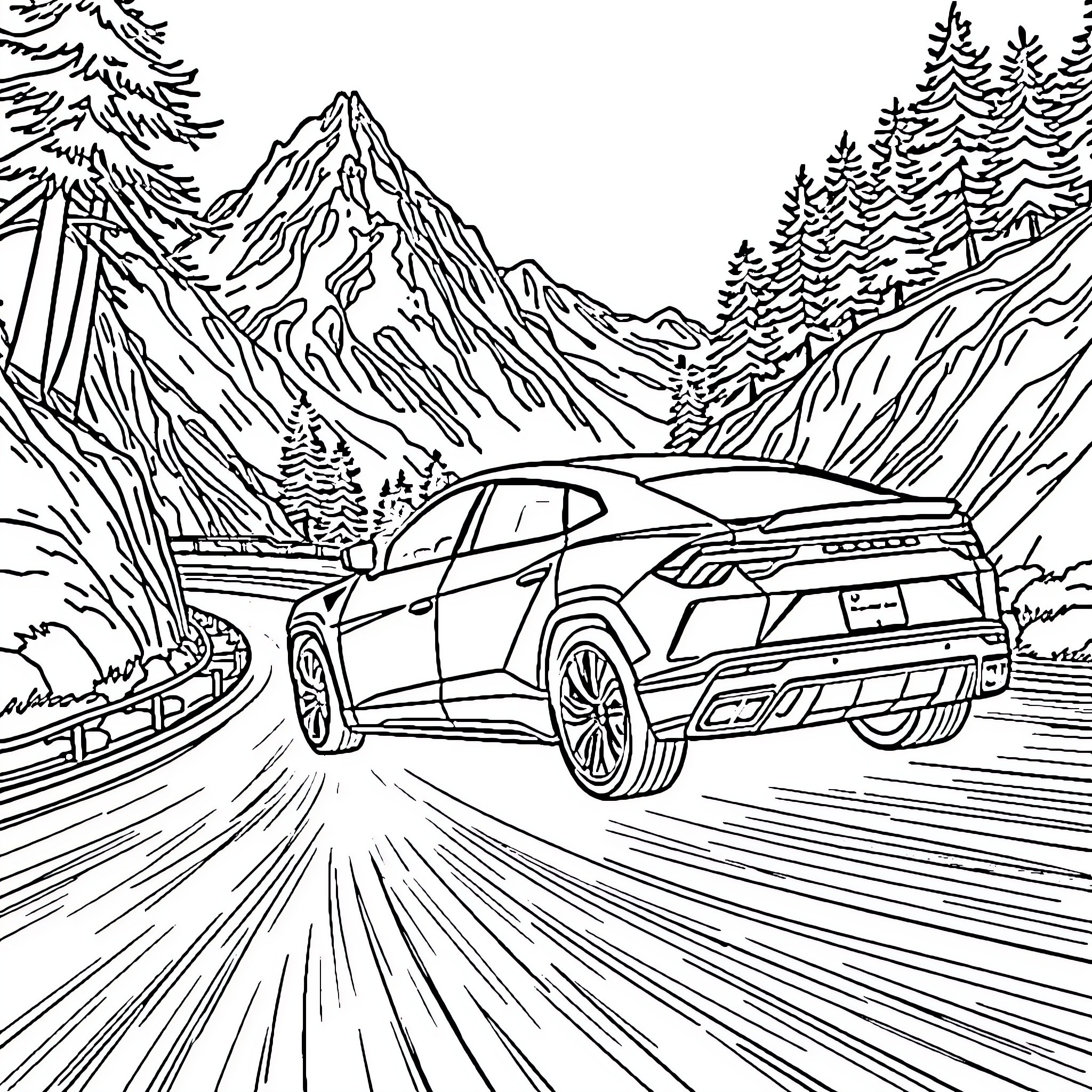 Lamborghini speeding through mountain roads Coloring Page (free black-and-white line drawing printable PDF for all, from beginners to advanced learners, including children, teens, adults, and seniors)