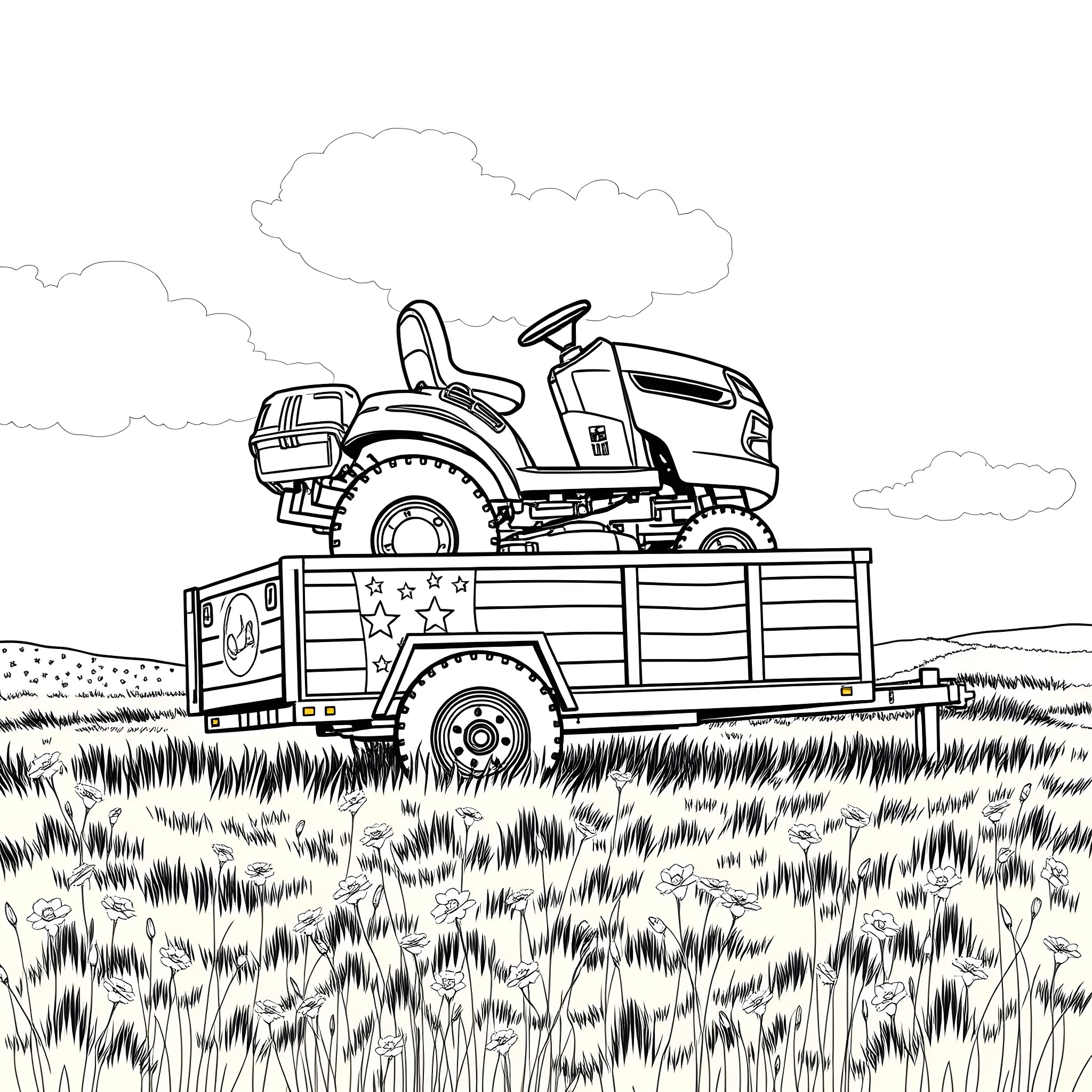 Mower riding on trailer in grassy field Coloring Page (free black-and-white line drawing printable PDF for all, from beginners to advanced learners, including children, teens, adults, and seniors)
