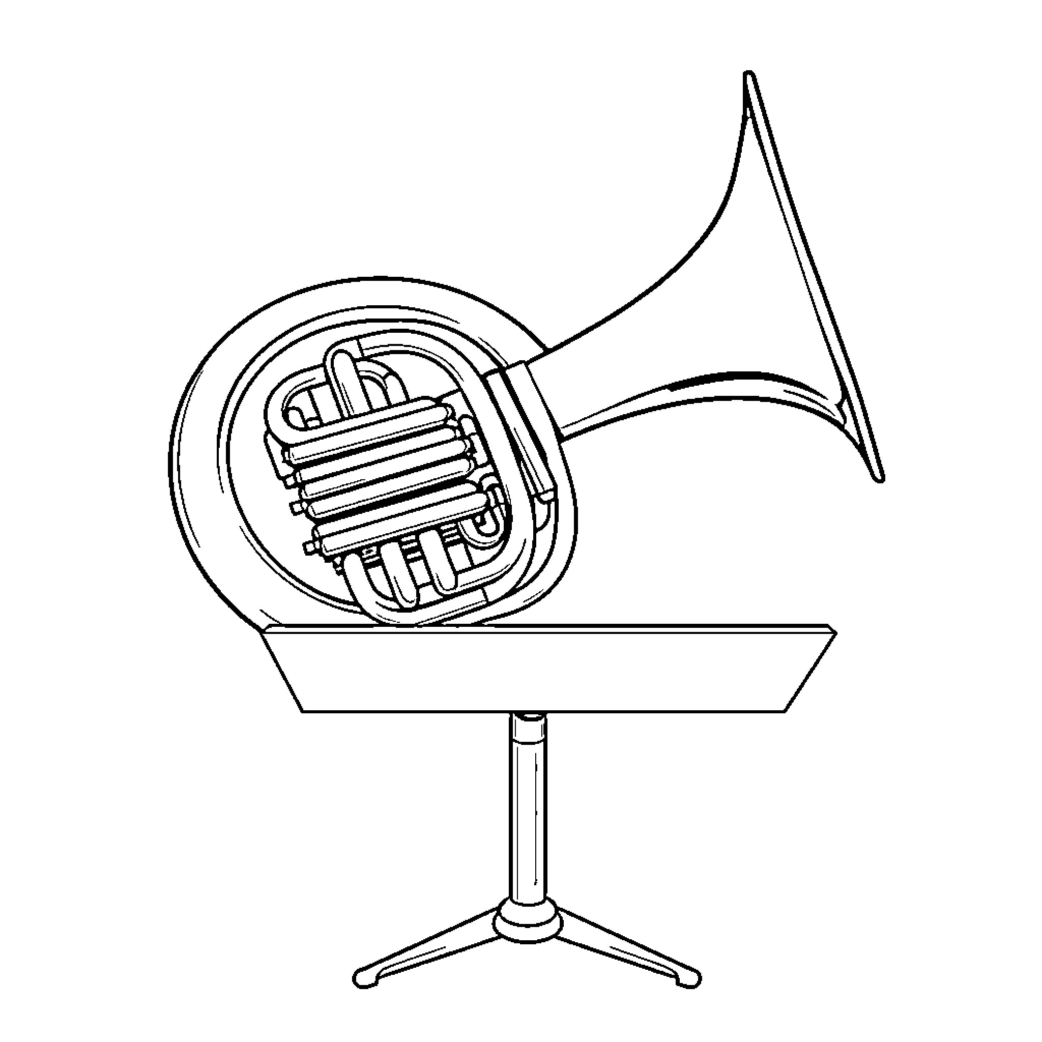 French Horn on a Music Stand Coloring Page (free black-and-white line drawing printable PDF for all, from beginners to advanced learners, including children, teens, adults, and seniors)