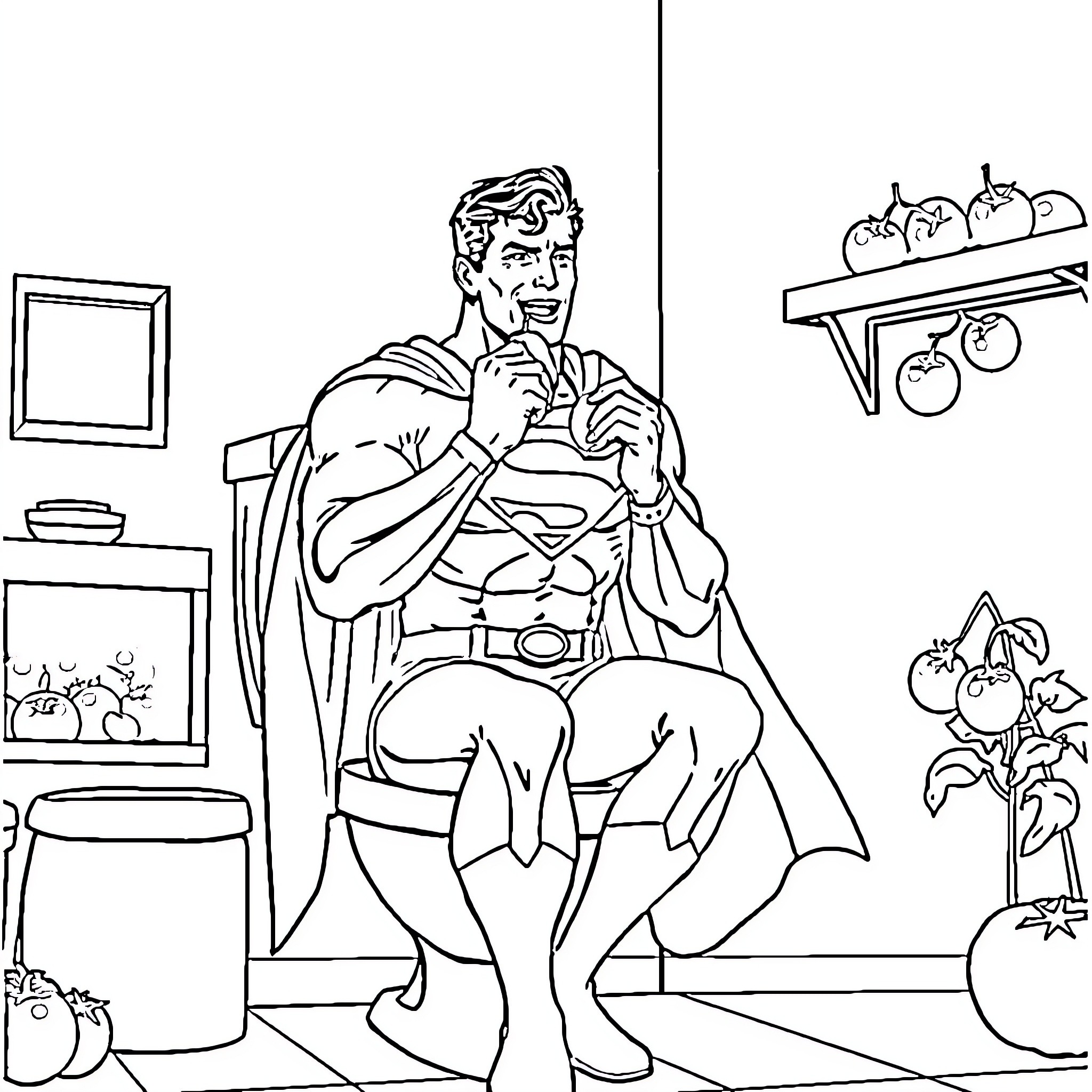 Superman assisting with household chores in his costume Coloring Page (free black-and-white line drawing printable PDF for all, from beginners to advanced learners, including children, teens, adults, and seniors)