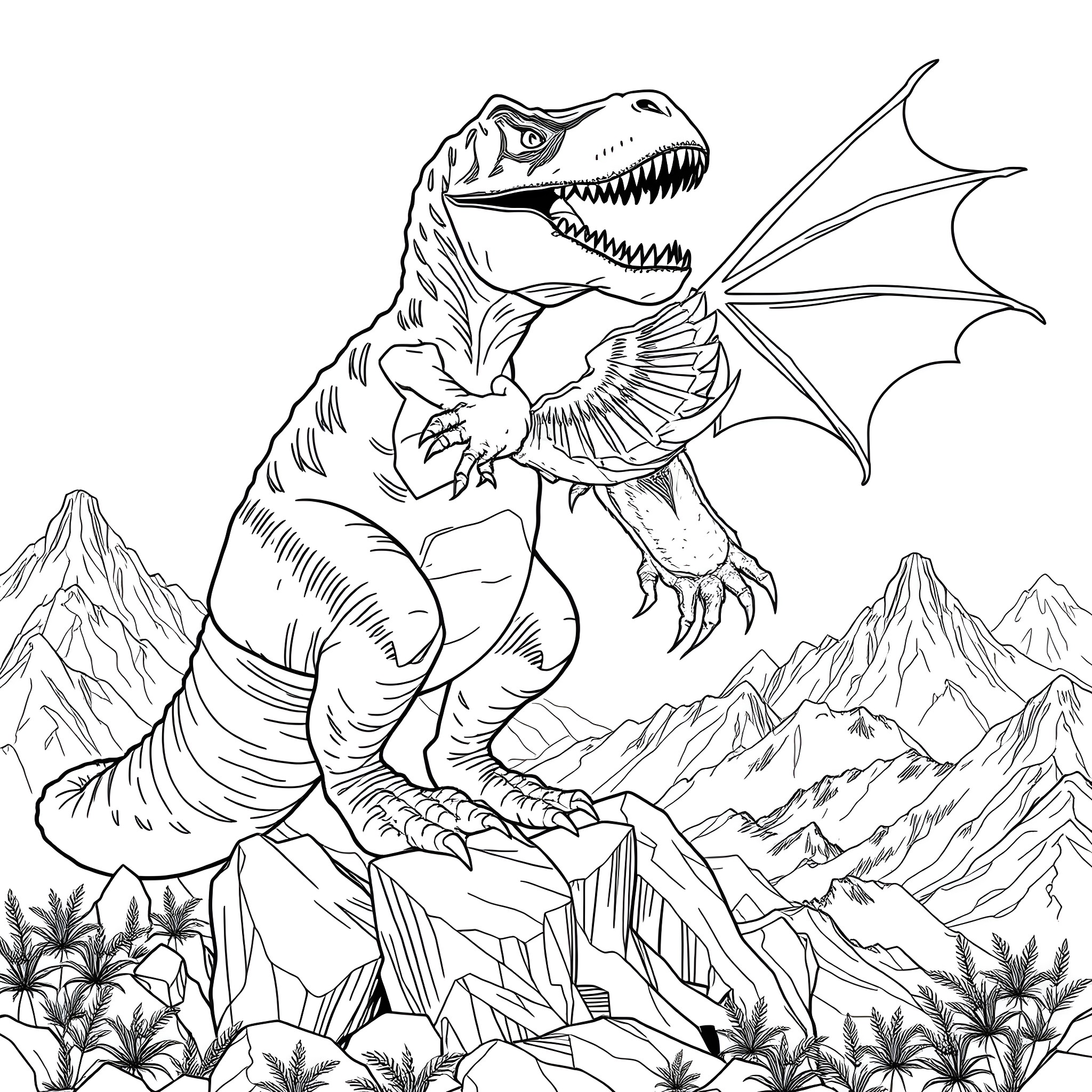 T-Rex Soaring Through Prehistoric Landscape Coloring Page (free black-and-white line drawing printable PDF for all, from beginners to advanced learners, including children, teens, adults, and seniors)