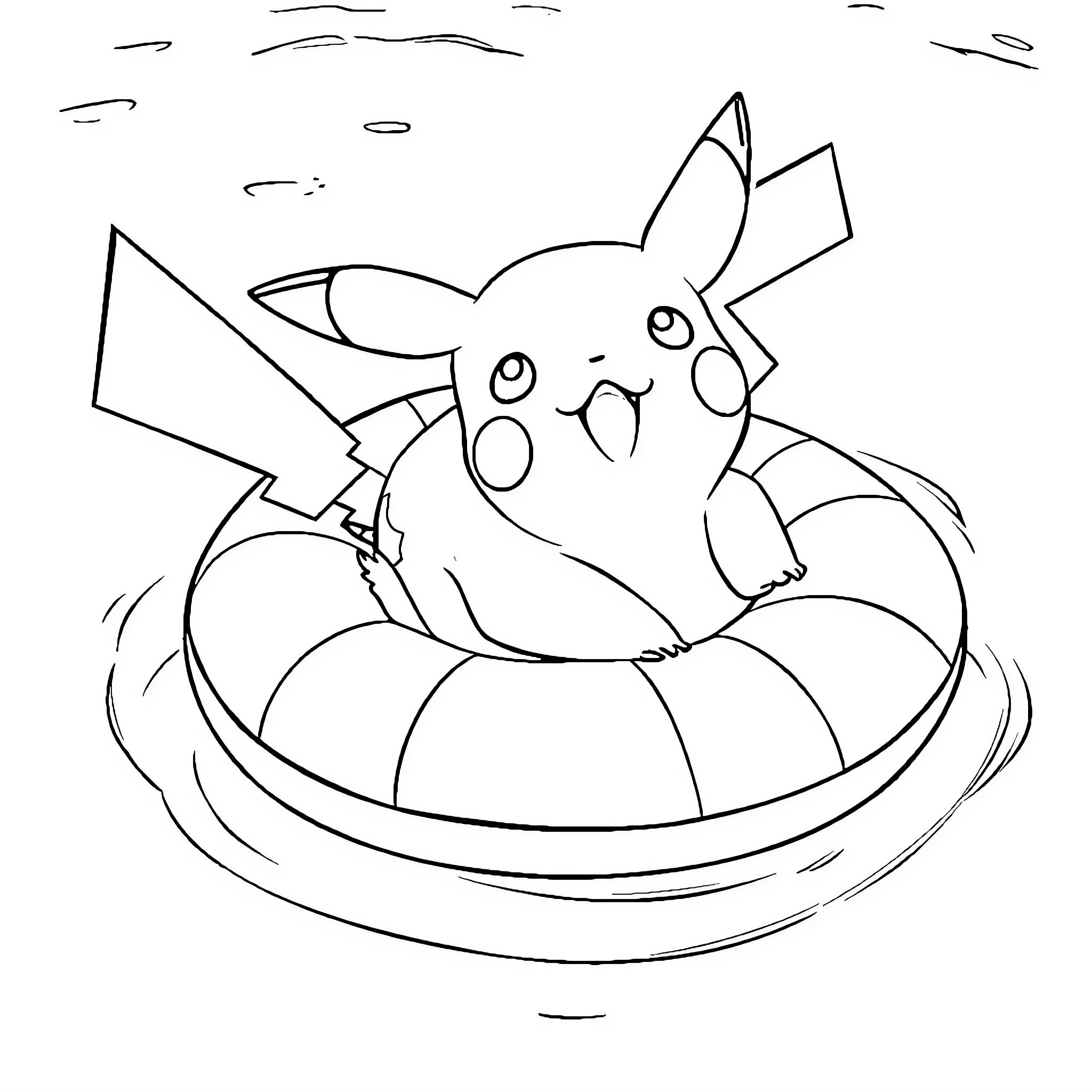 Pikachu playing happily in the inflatable pool Coloring Page (free black-and-white line drawing printable PDF for all, from beginners to advanced learners, including children, teens, adults, and seniors)