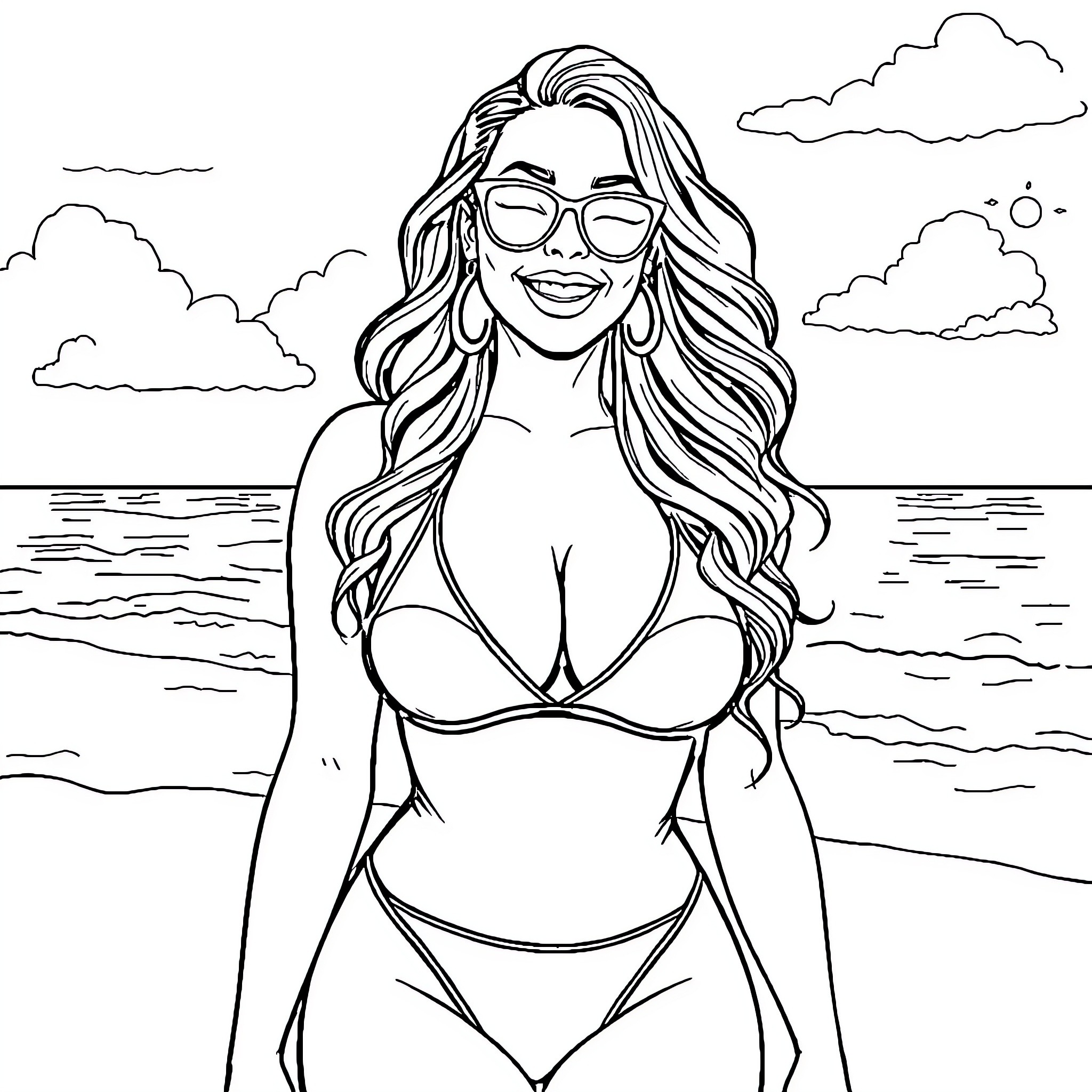 Nia Jax relaxing on the beach in swimwear Coloring Page (free black-and-white line drawing printable PDF for all, from beginners to advanced learners, including children, teens, adults, and seniors)