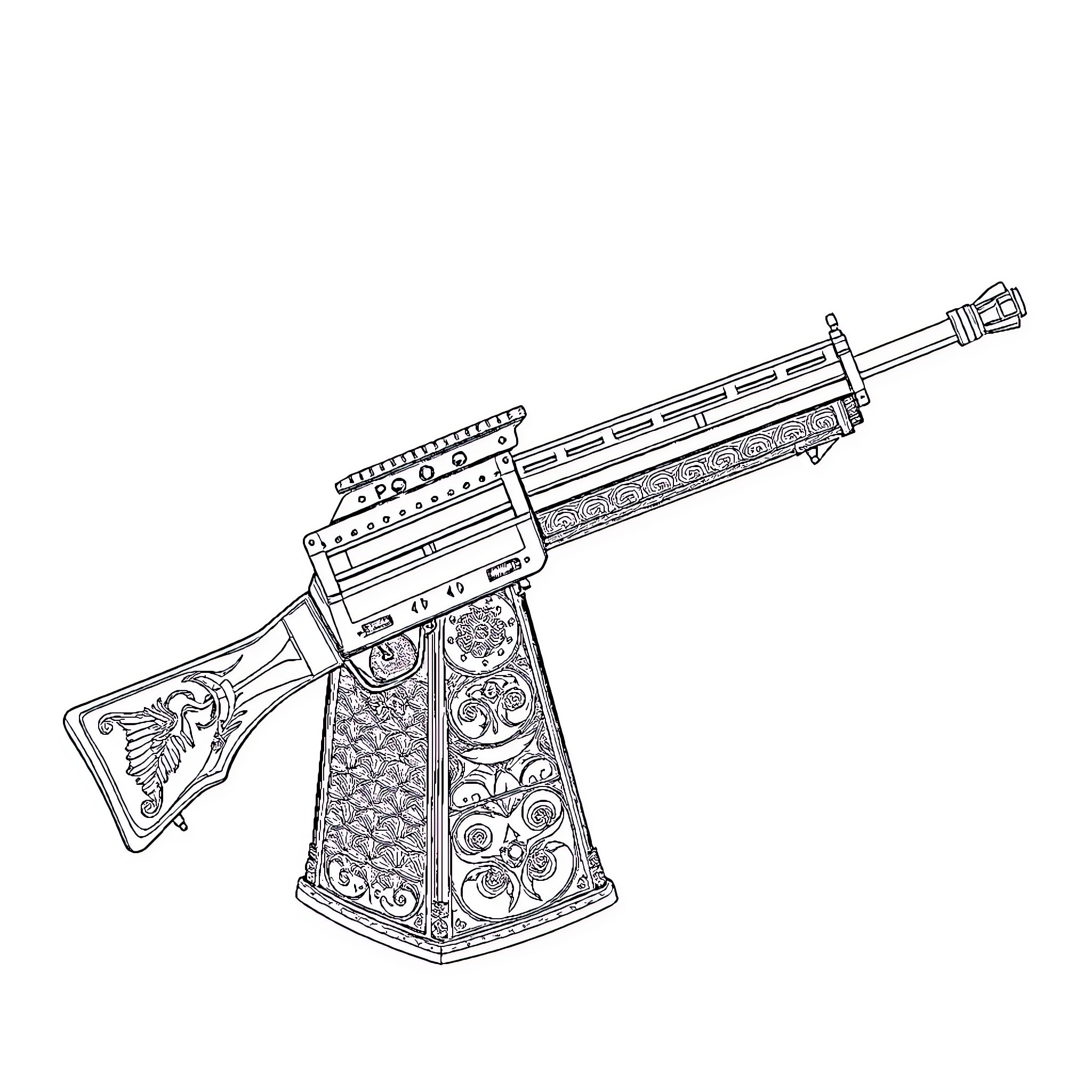 Kalthoff Repeater with Decorative Firearm Design Coloring Page (free black-and-white line drawing printable PDF for all, from beginners to advanced learners, including children, teens, adults, and seniors)
