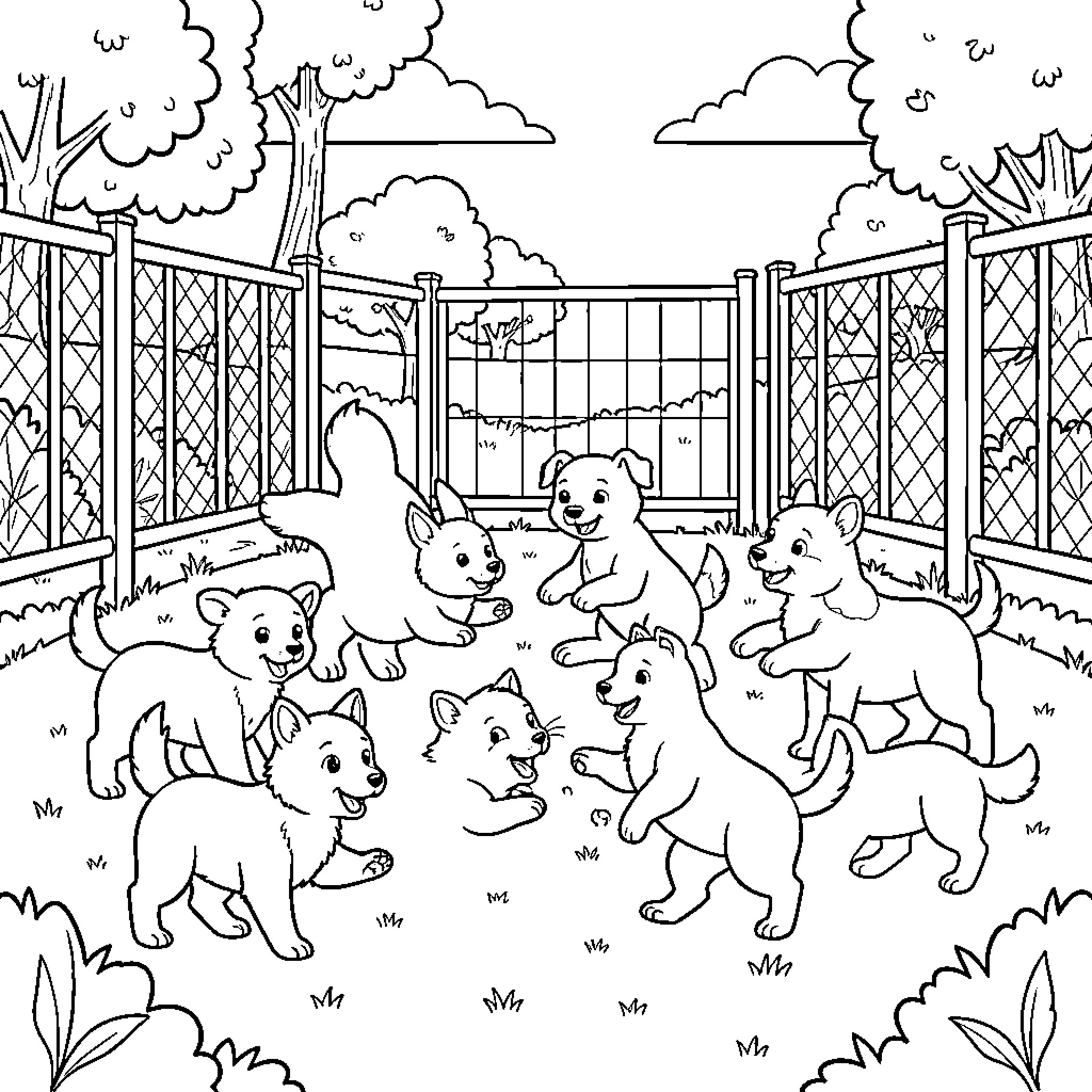 Animal group playing in enclosure with fenced surroundings Coloring Page (free black-and-white line drawing printable PDF for all, from beginners to advanced learners, including children, teens, adults, and seniors)