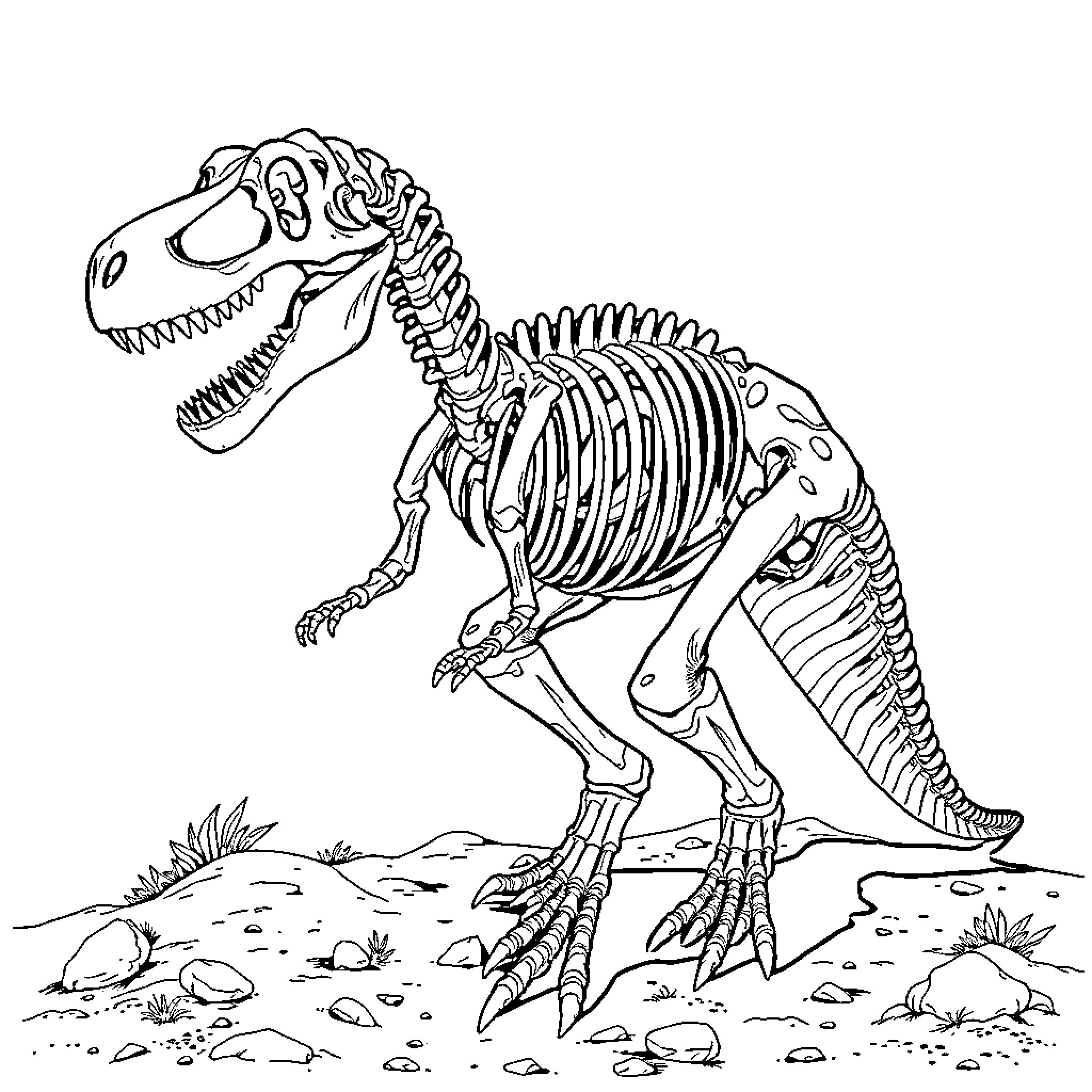 Dinosaur skeleton unearthed in rocky terrain Coloring Page (free black-and-white line drawing printable PDF for all, from beginners to advanced learners, including children, teens, adults, and seniors)