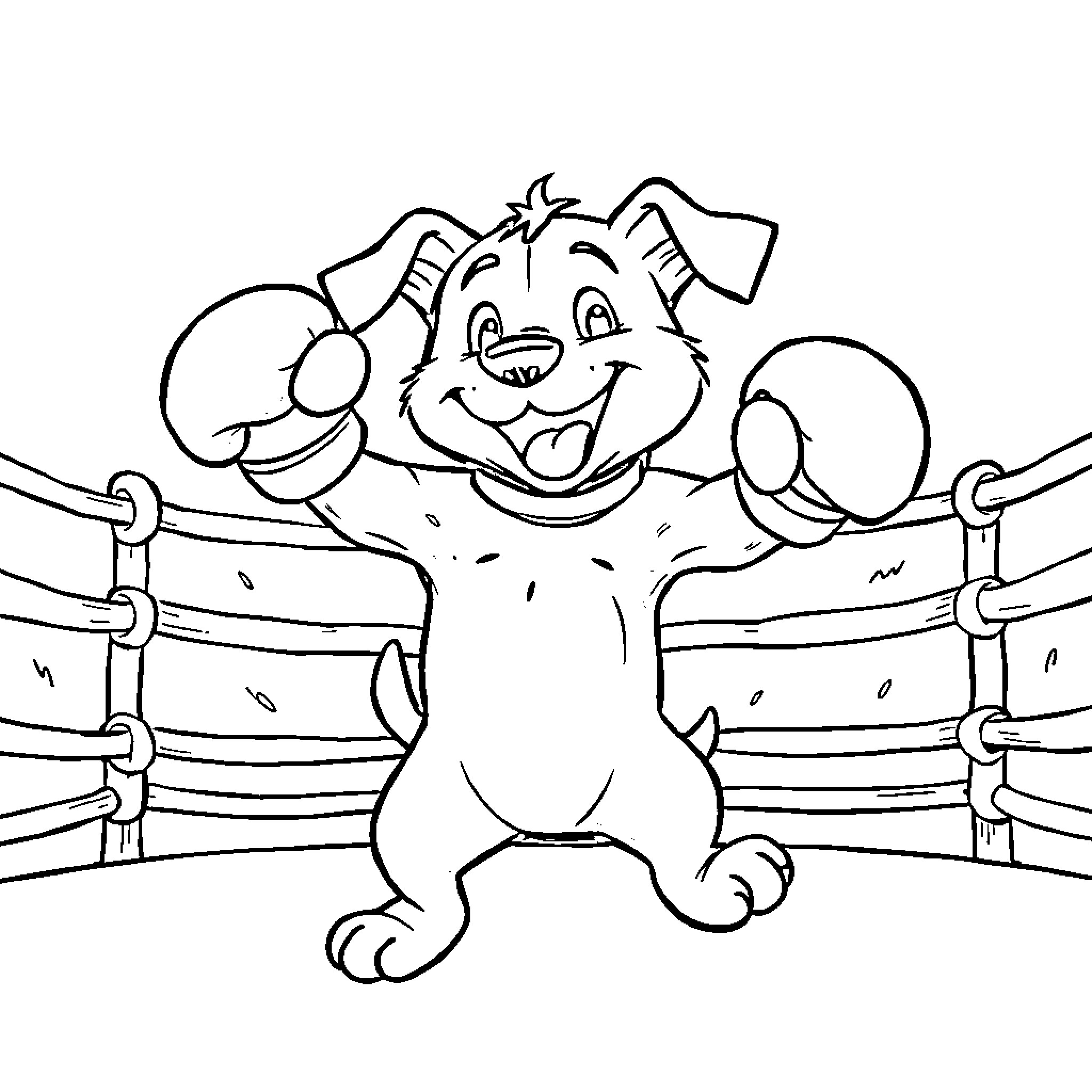 Dog happy and excited in the boxing ring Coloring Page (free black-and-white line drawing printable PDF for all, from beginners to advanced learners, including children, teens, adults, and seniors)