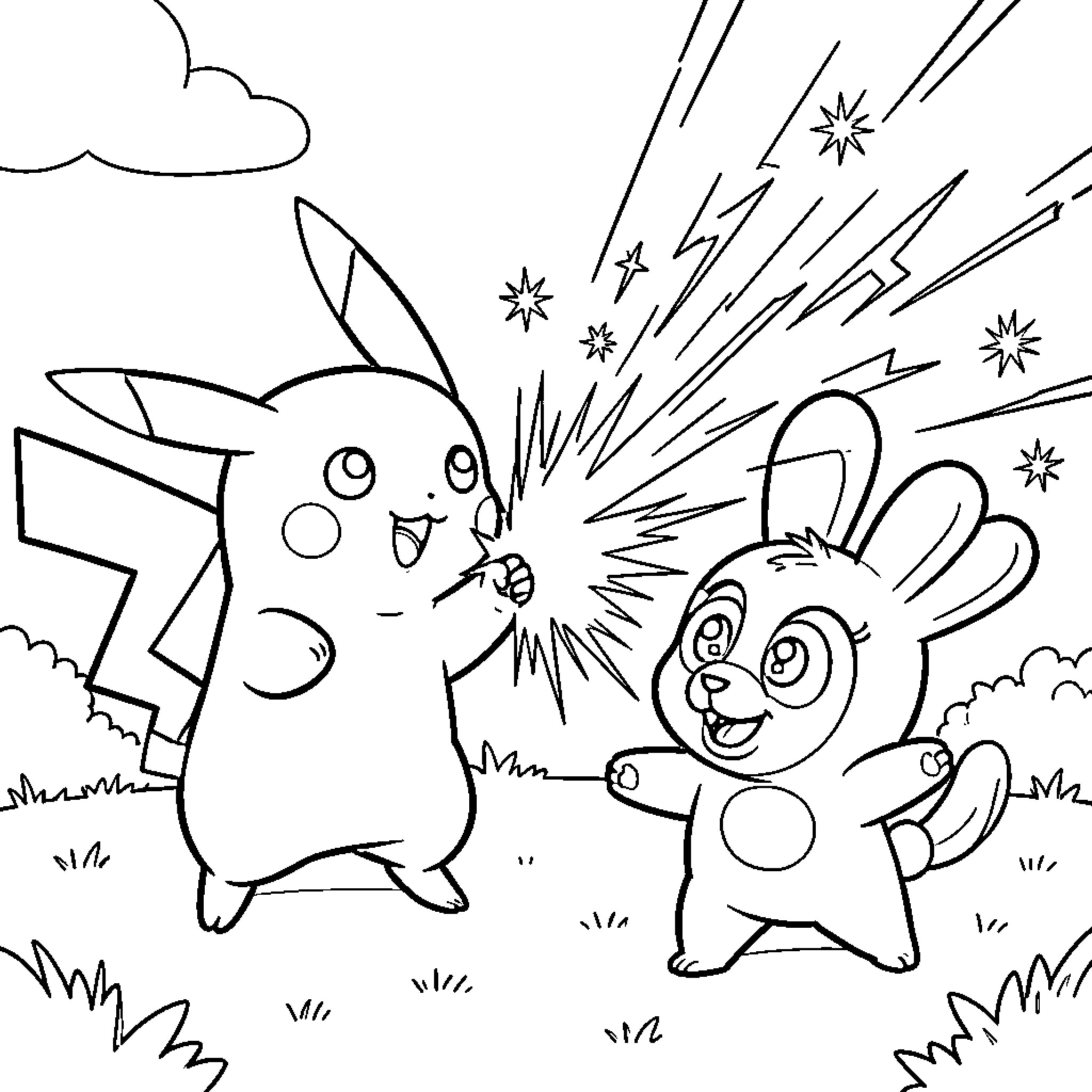 Pikachu using electric attacks against a small creature Coloring Page (free black-and-white line drawing printable PDF for all, from beginners to advanced learners, including children, teens, adults, and seniors)