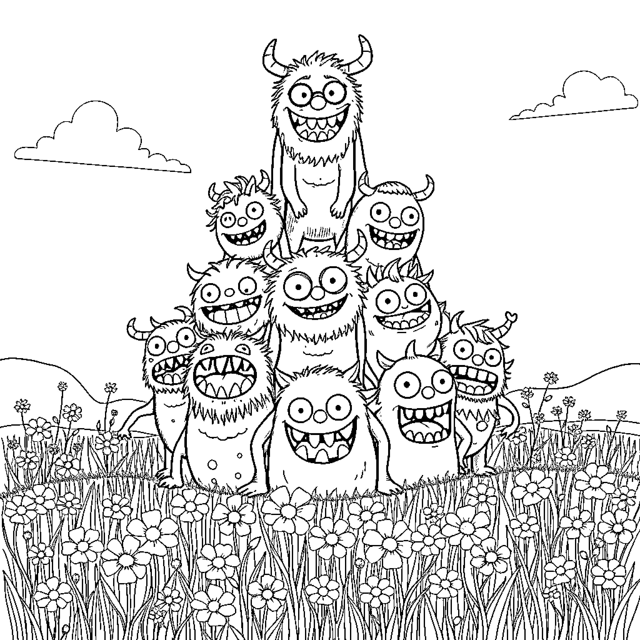 Monster Mischievous Group in Flower Field Coloring Page (free black-and-white line drawing printable PDF for all, from beginners to advanced learners, including children, teens, adults, and seniors)